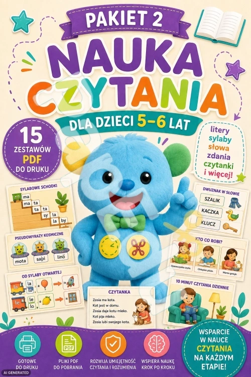 Nauka czytania Pakiet 2 - dla dzieci 5-6 lat - 15 zestawów PDF do druku nauka-czytania-pakiet2-5-6lat