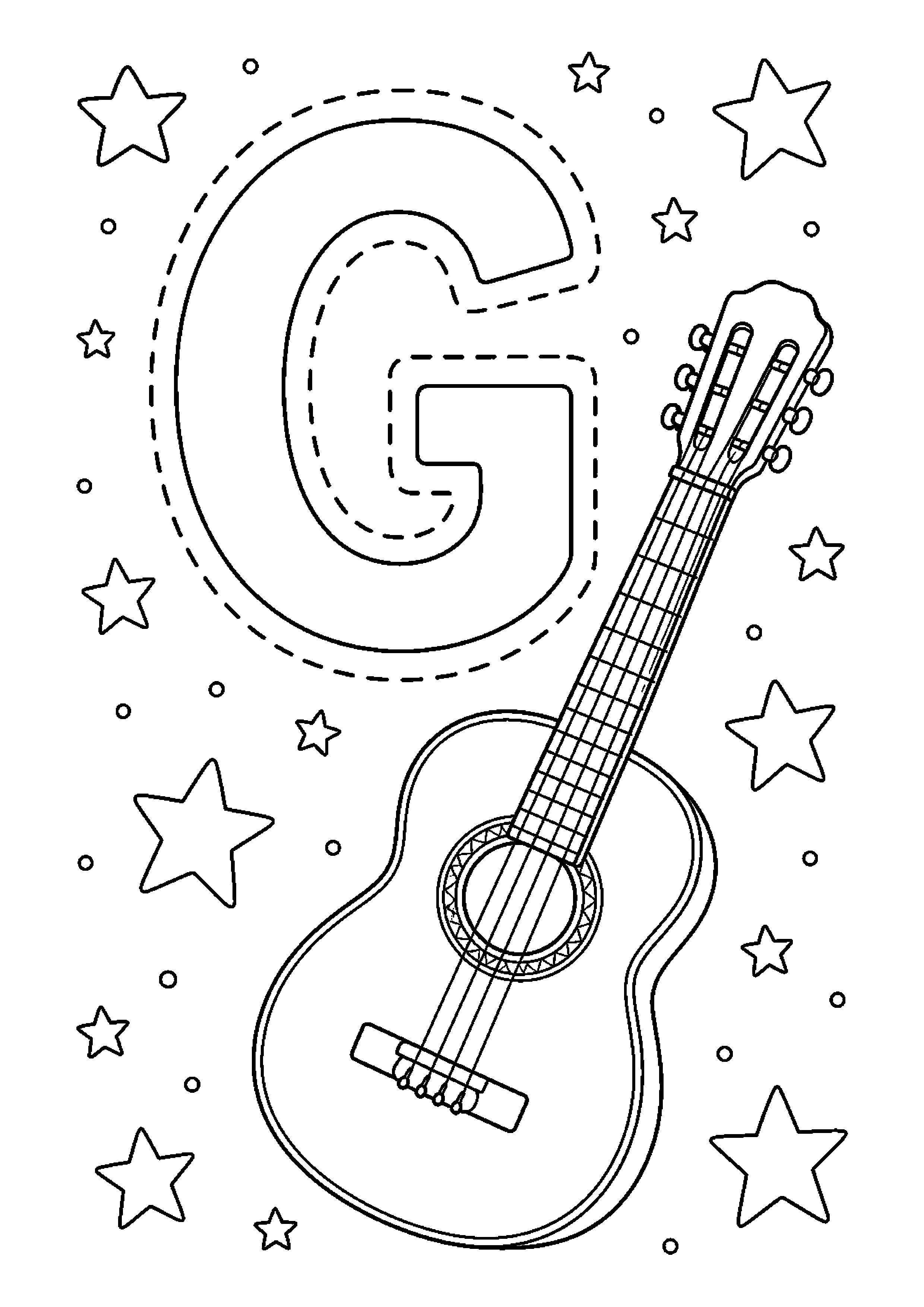 Litera g z gitarą – zawiera ślad do obrysowania