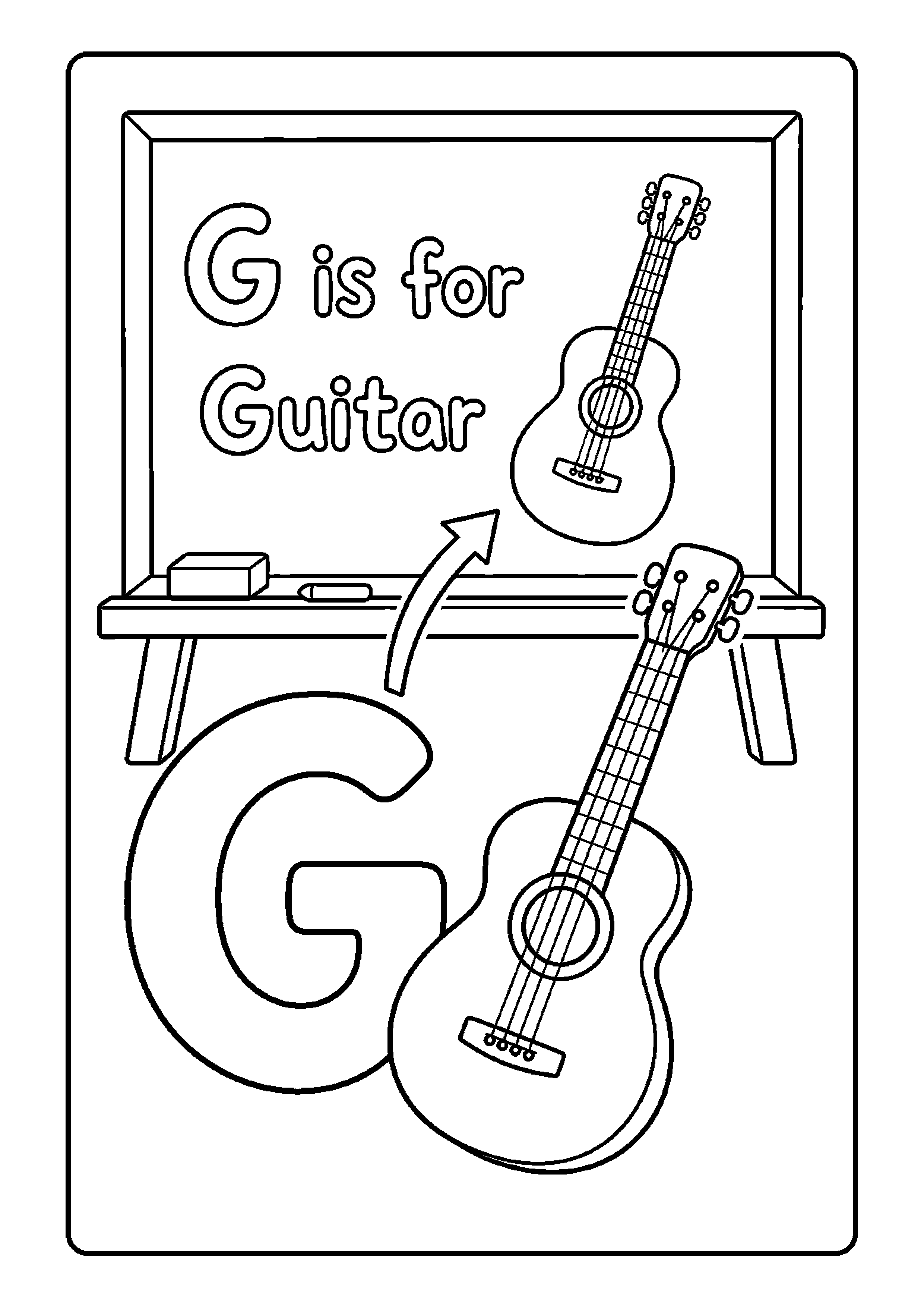 Litera g z gitarą na szkolnej tablicy