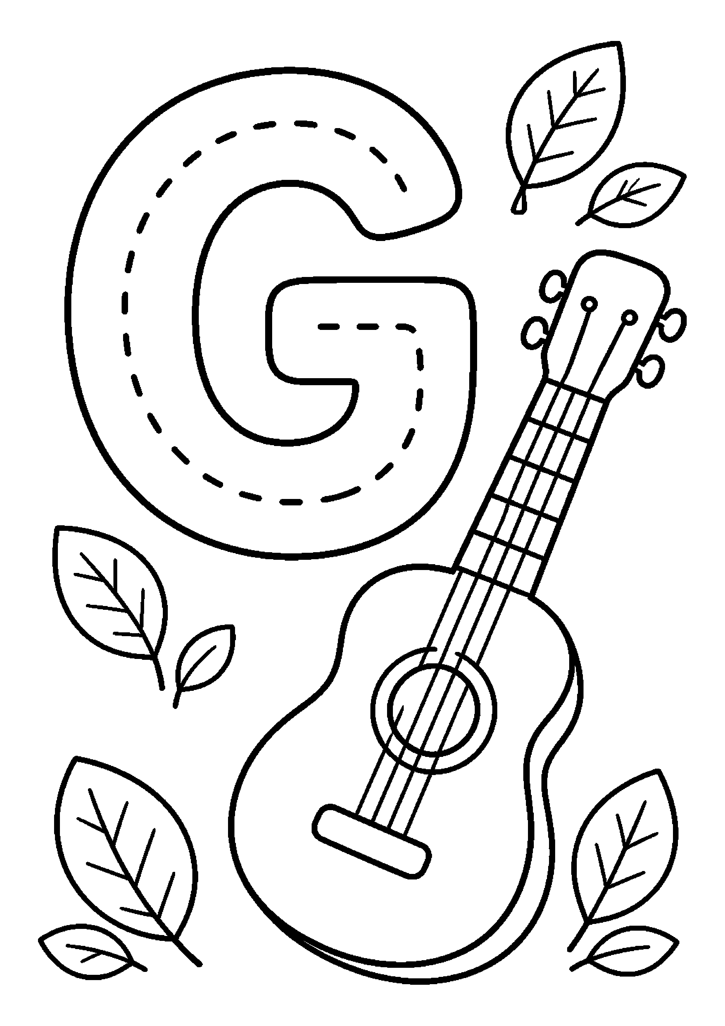 Litera g z gitarą wśród liści