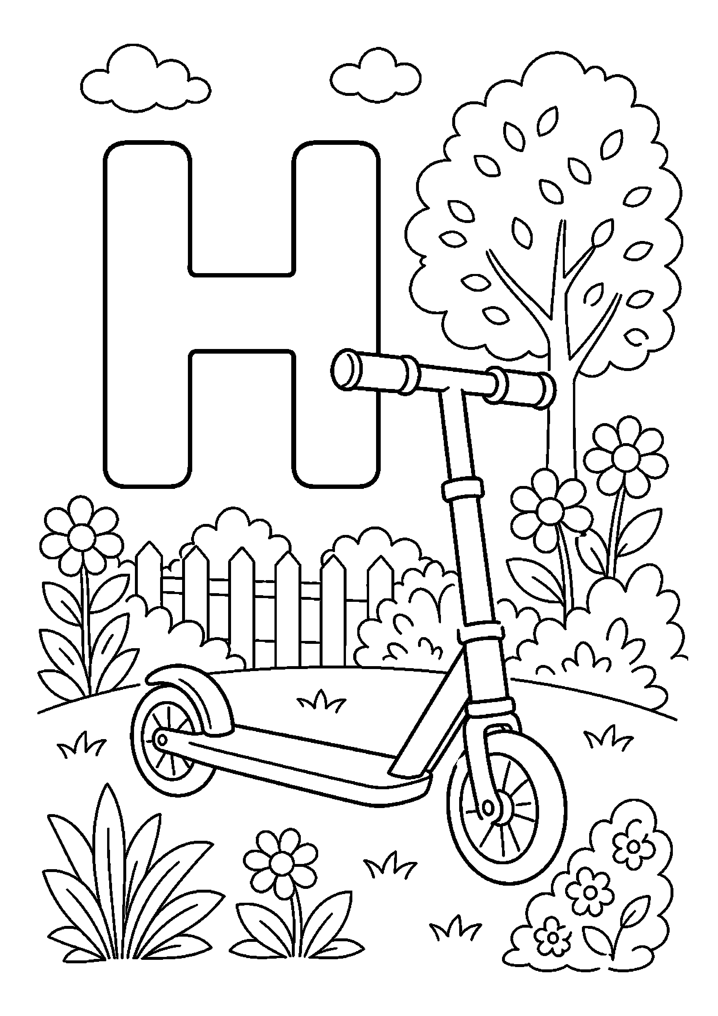 Litera h z hulajnogą w ciekawej scenerii