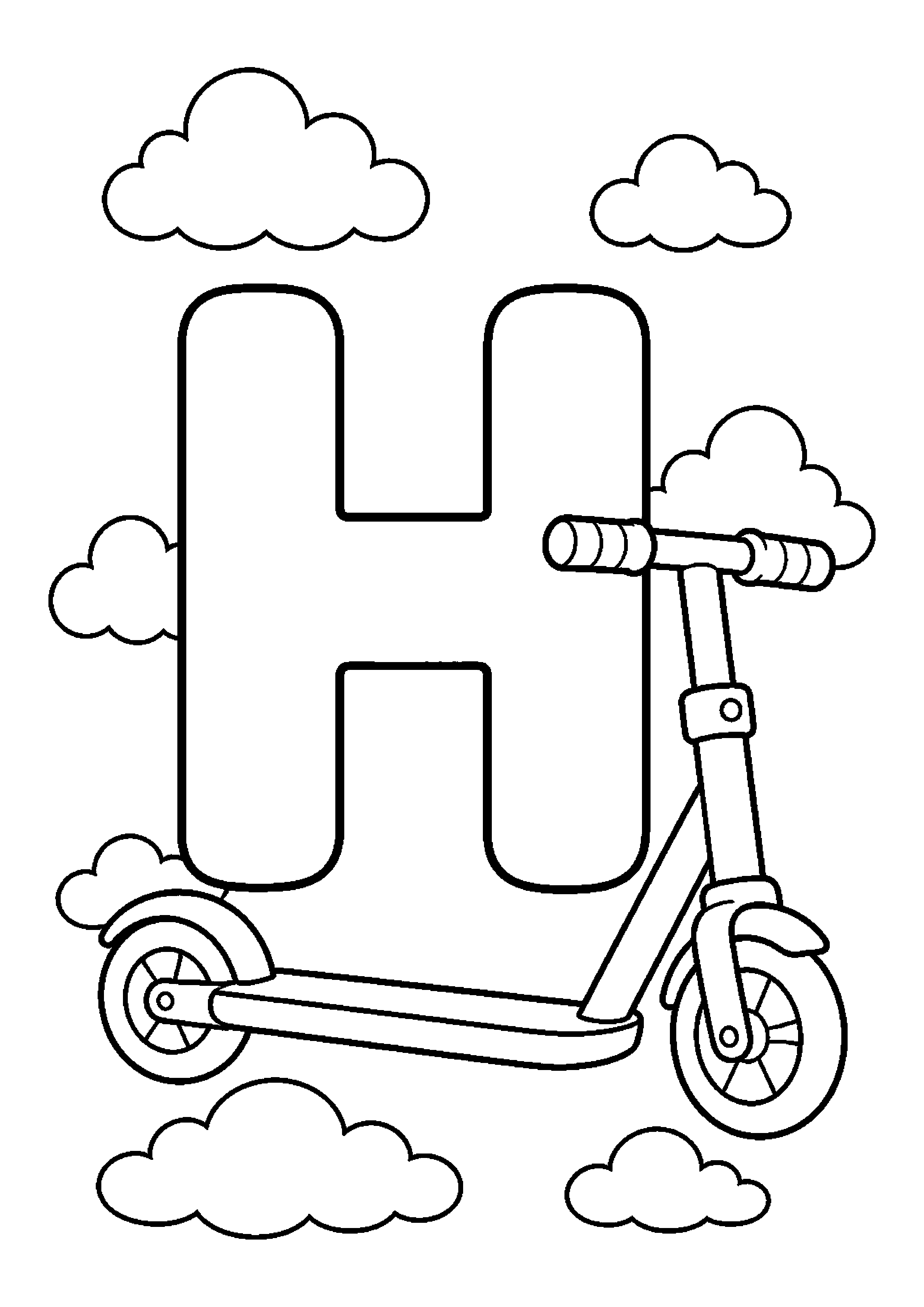 Litera h z hulajnogą na tle chmur