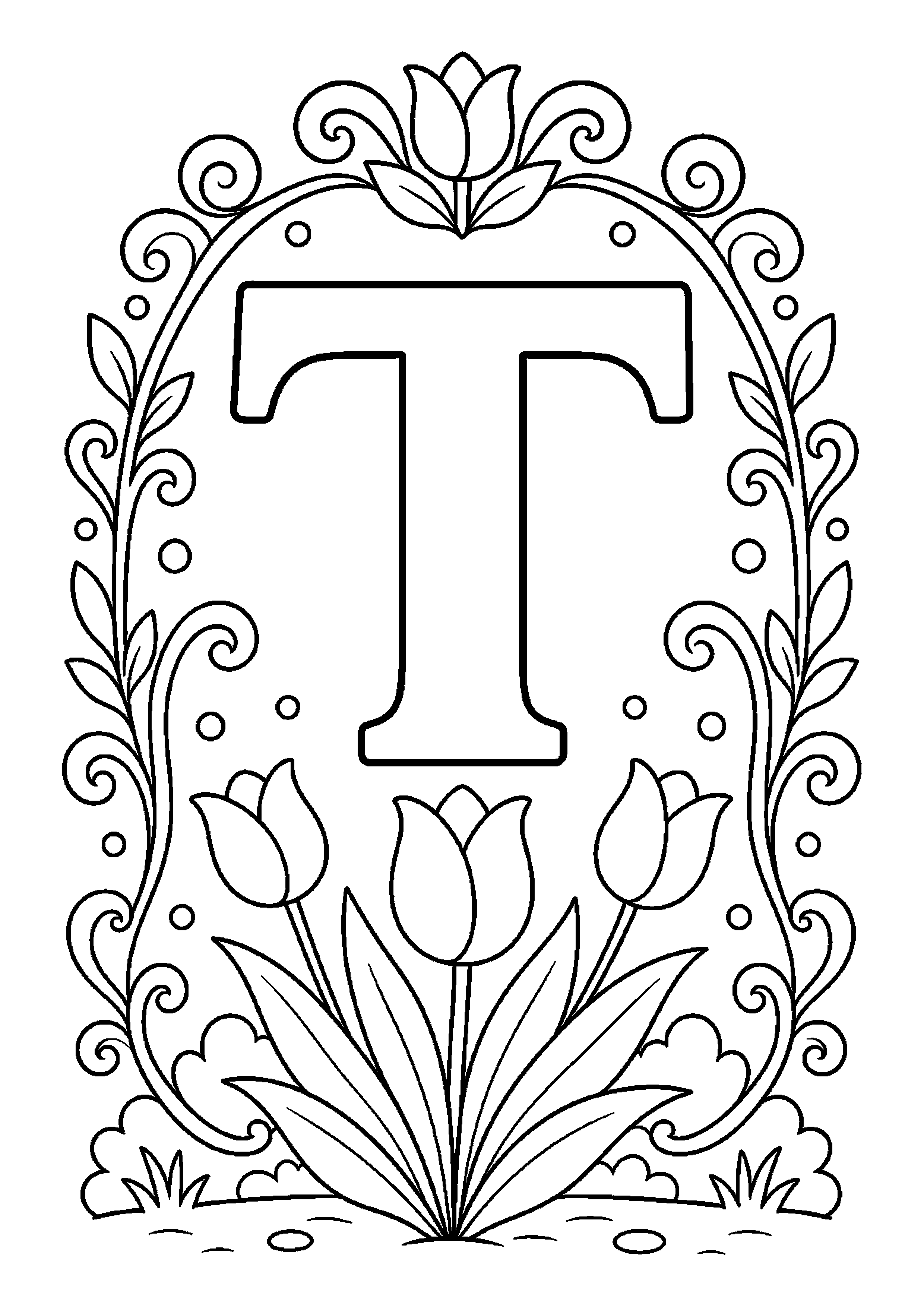 Litera t w ramce z motywem tulipan