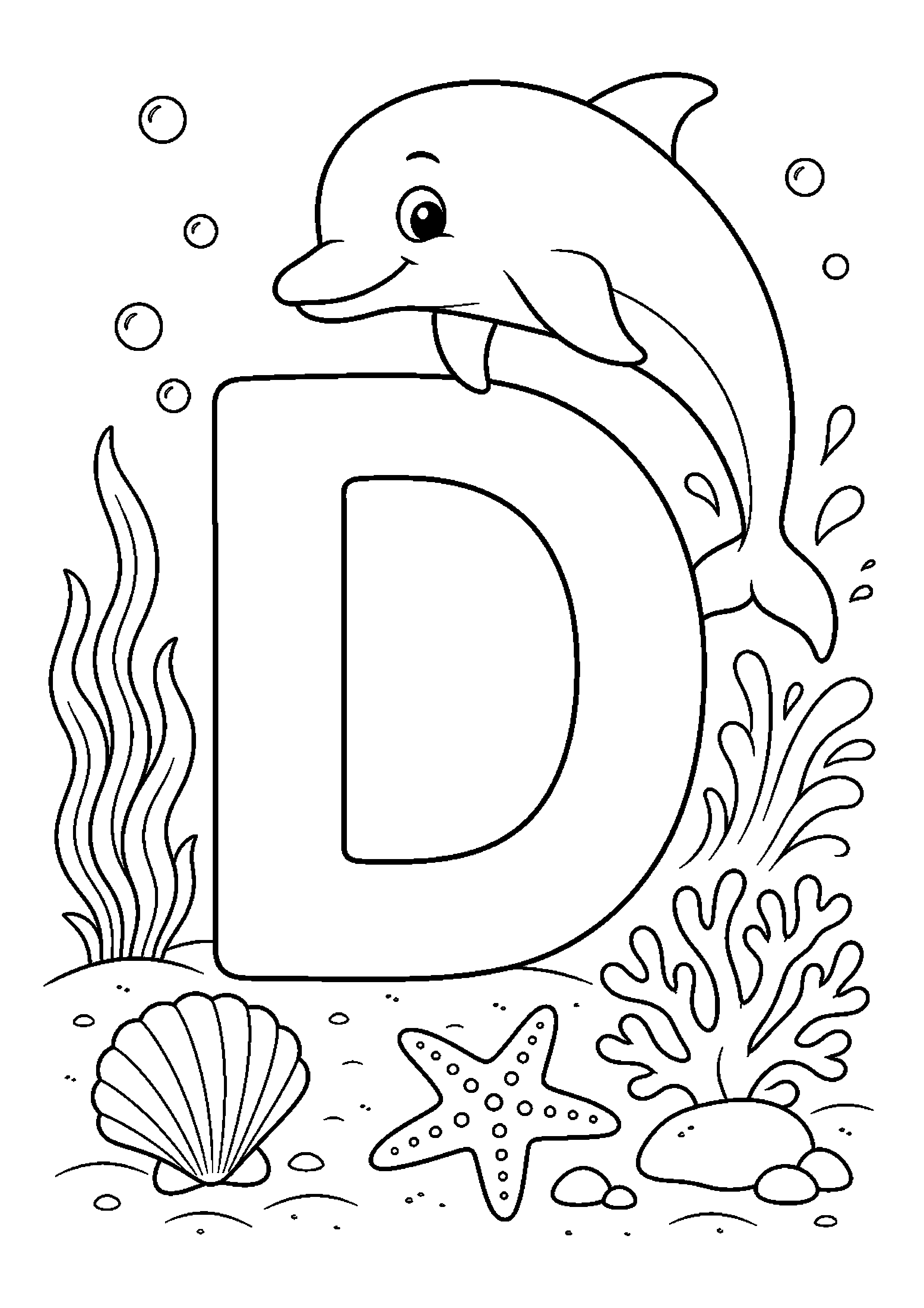 Litera d w ramce z motywem delfin