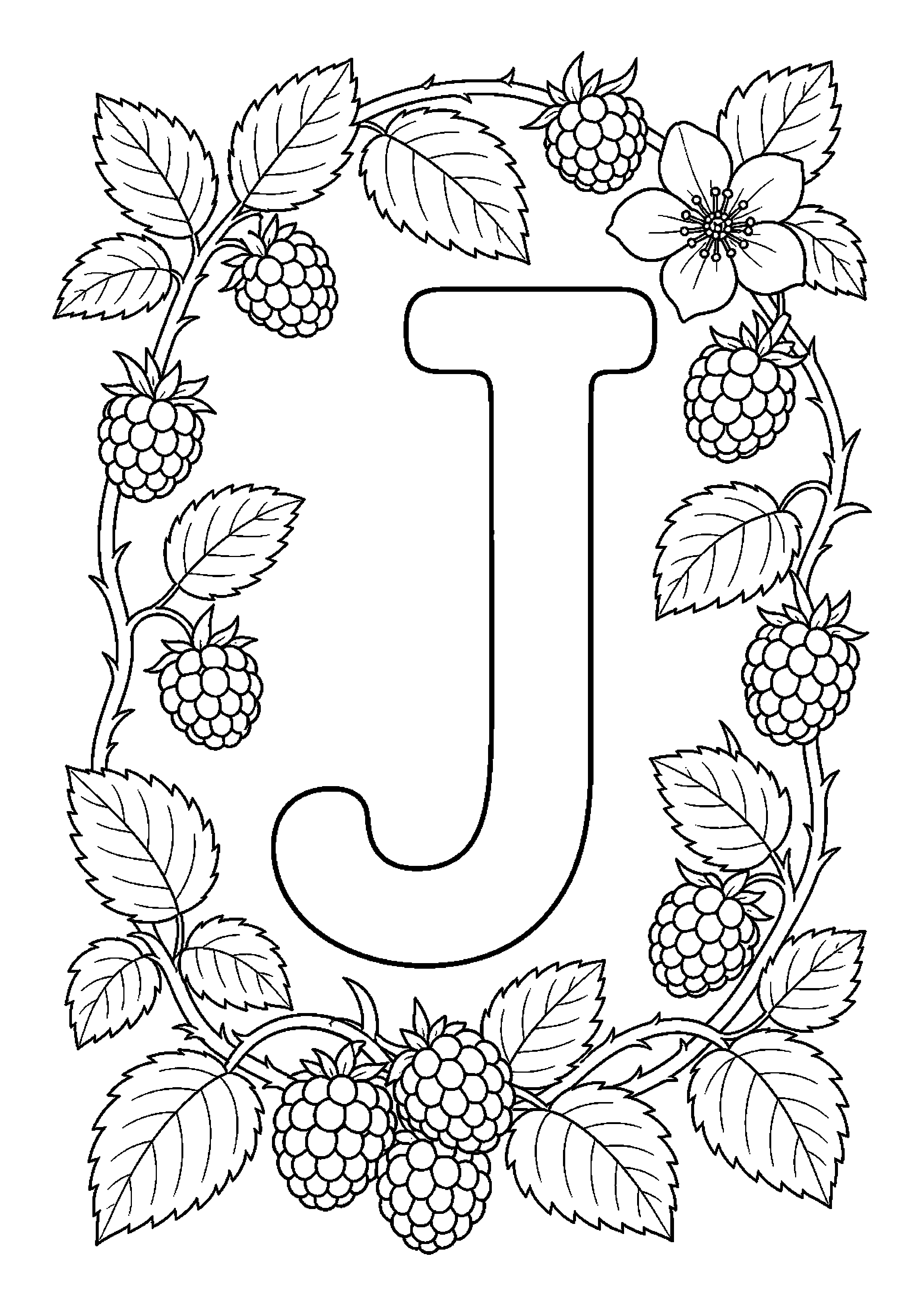 Litera j w ramce z motywem jeżyny