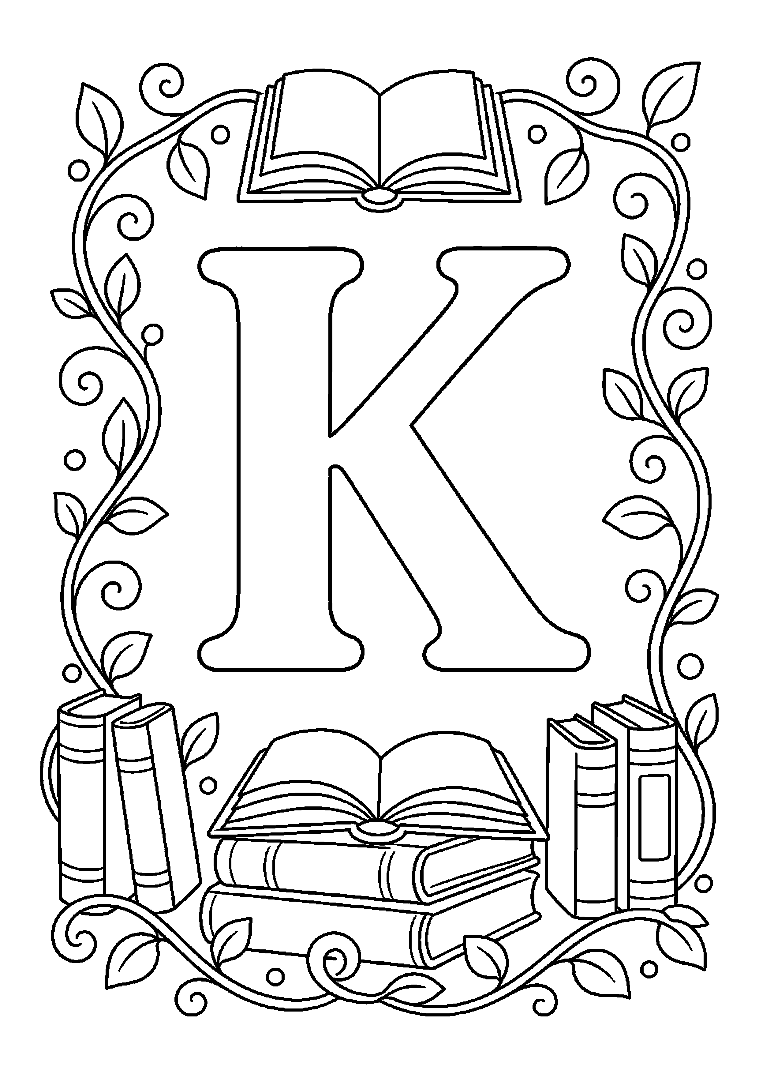 Litera k w ramce z motywem książka