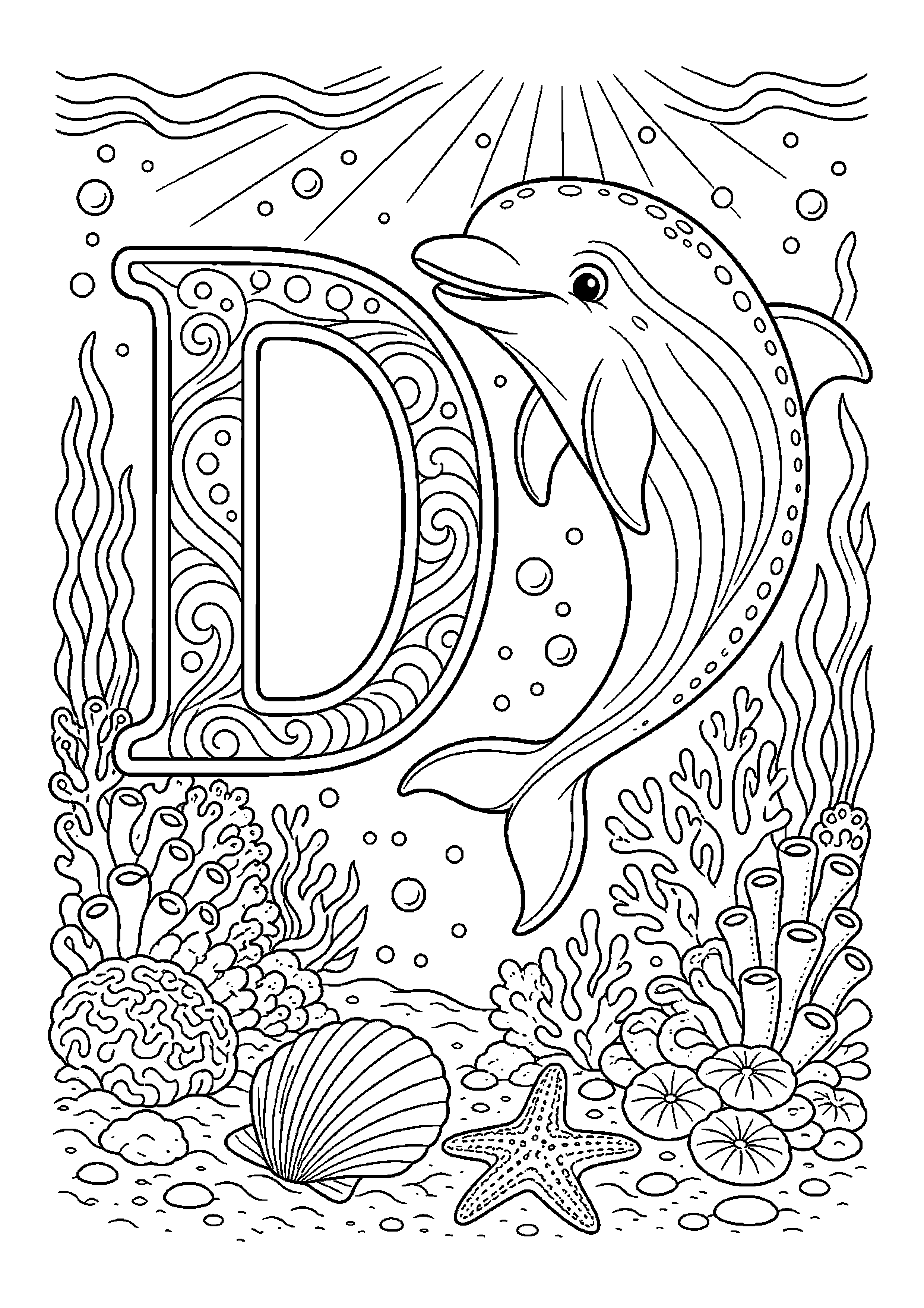 Delfin obok litery d