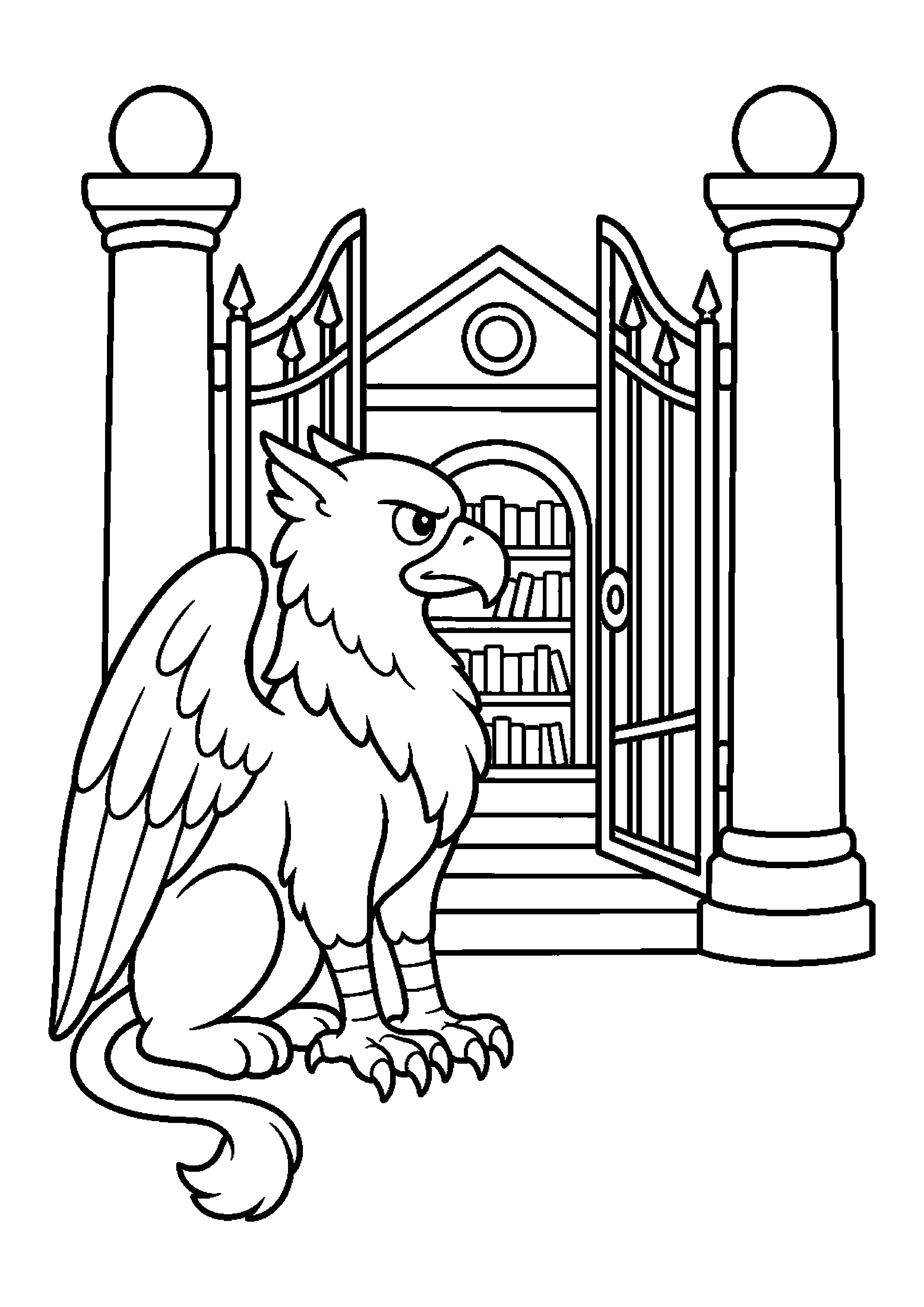 Gryf strażnik pilnuje wejścia do biblioteki przy bramie z kolumnami