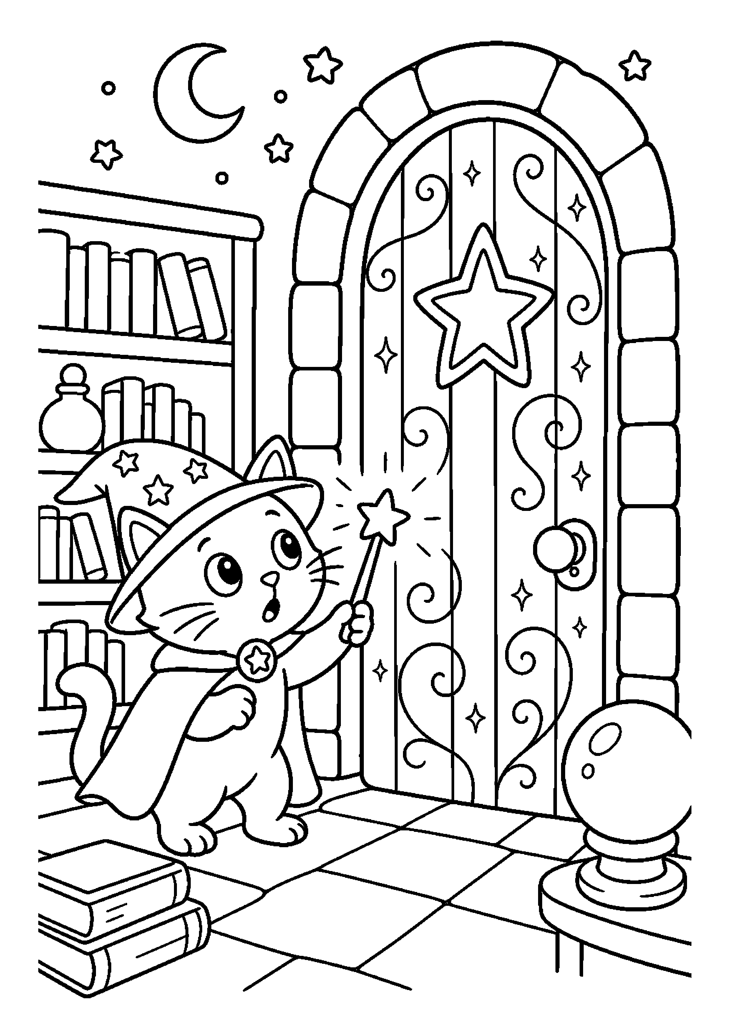 Magiczny kot odnajduje tajemnicze drzwi w nocnej bibliotece