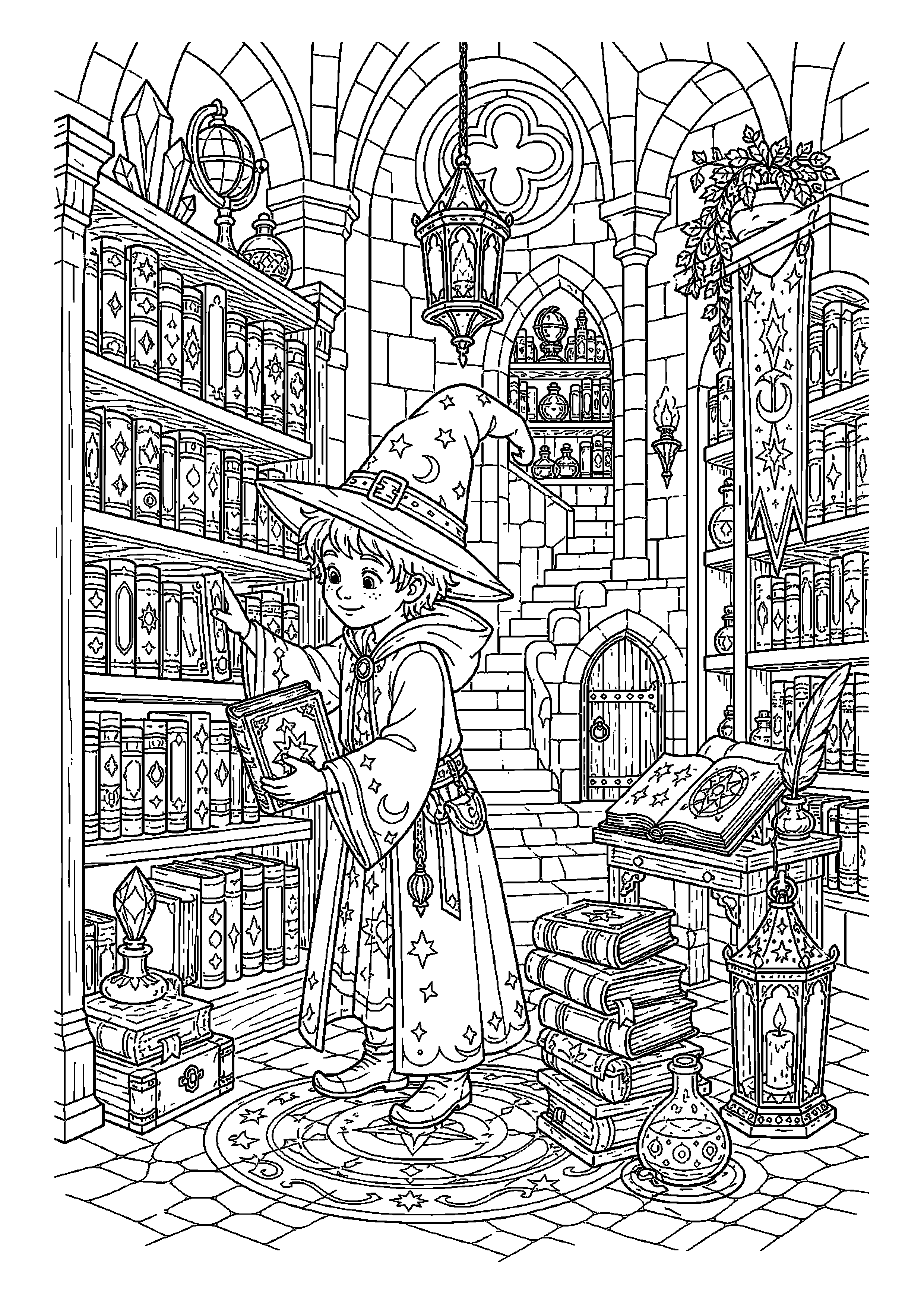 Mały czarodziej porządkuje magiczne księgi w bibliotece pod zamkiem