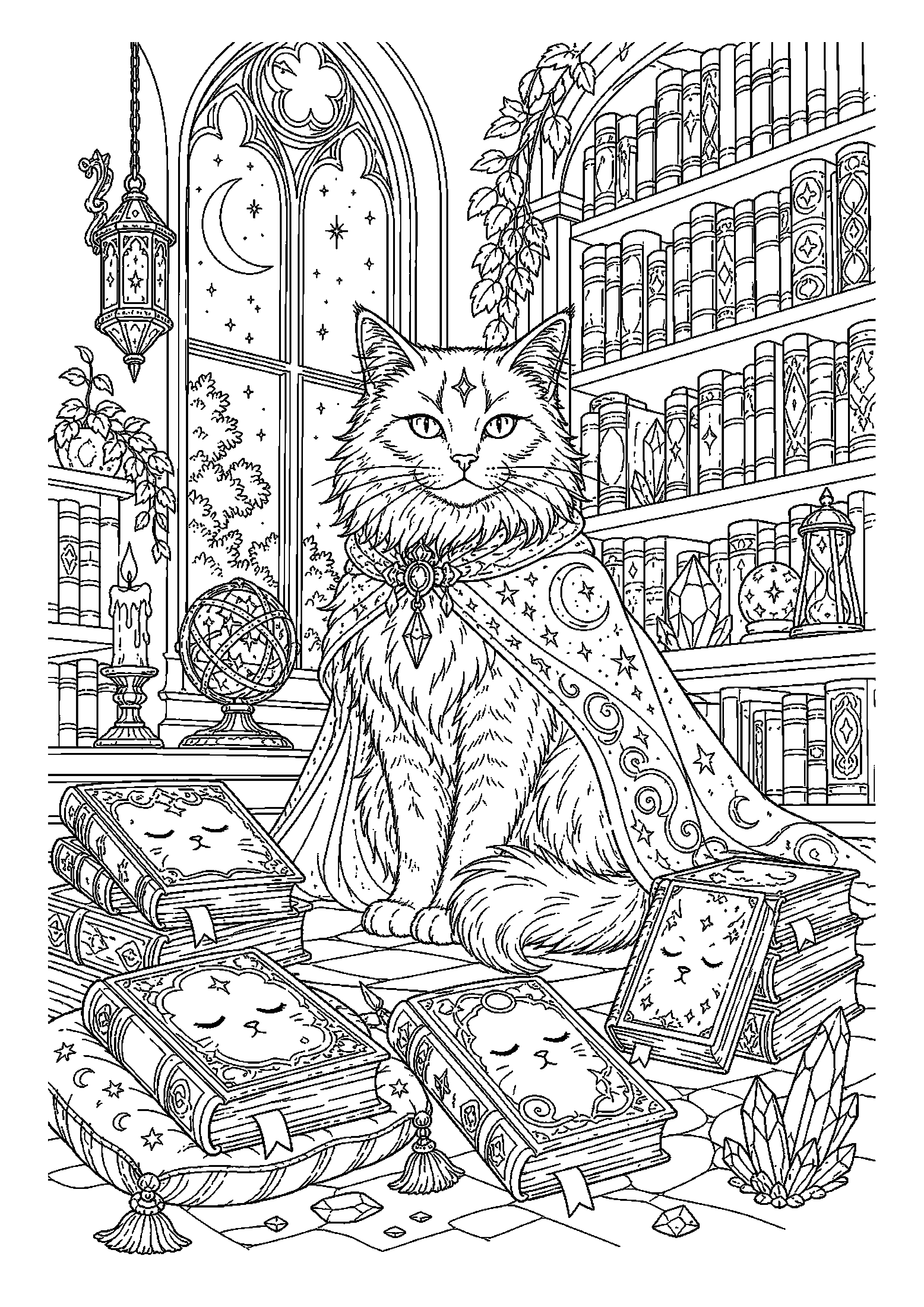 Magiczny kot pilnuje śpiących ksiąg w nocnej bibliotece