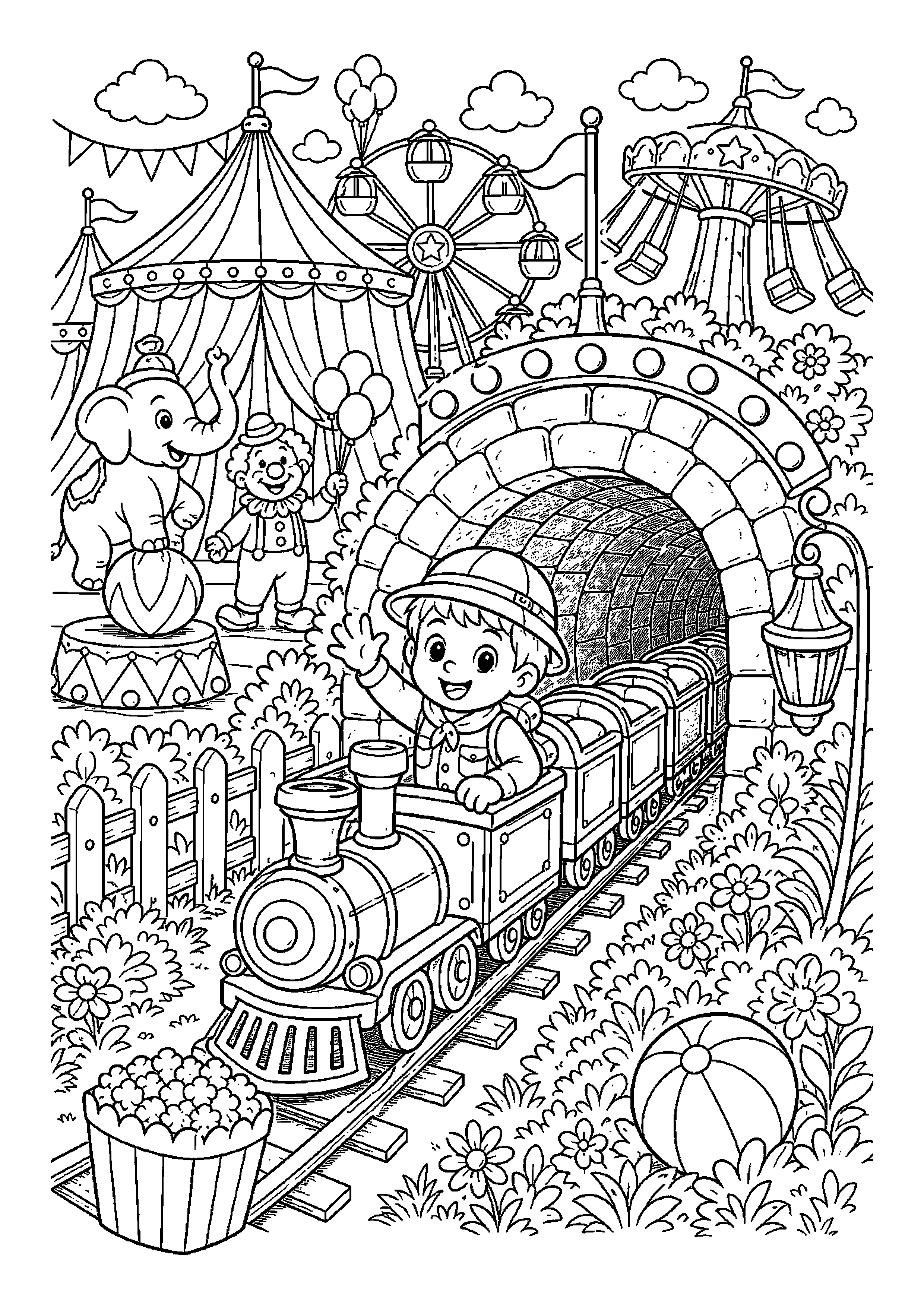 Mały podróżnik w kolejce mija tunel przy miniaturowej kolejce