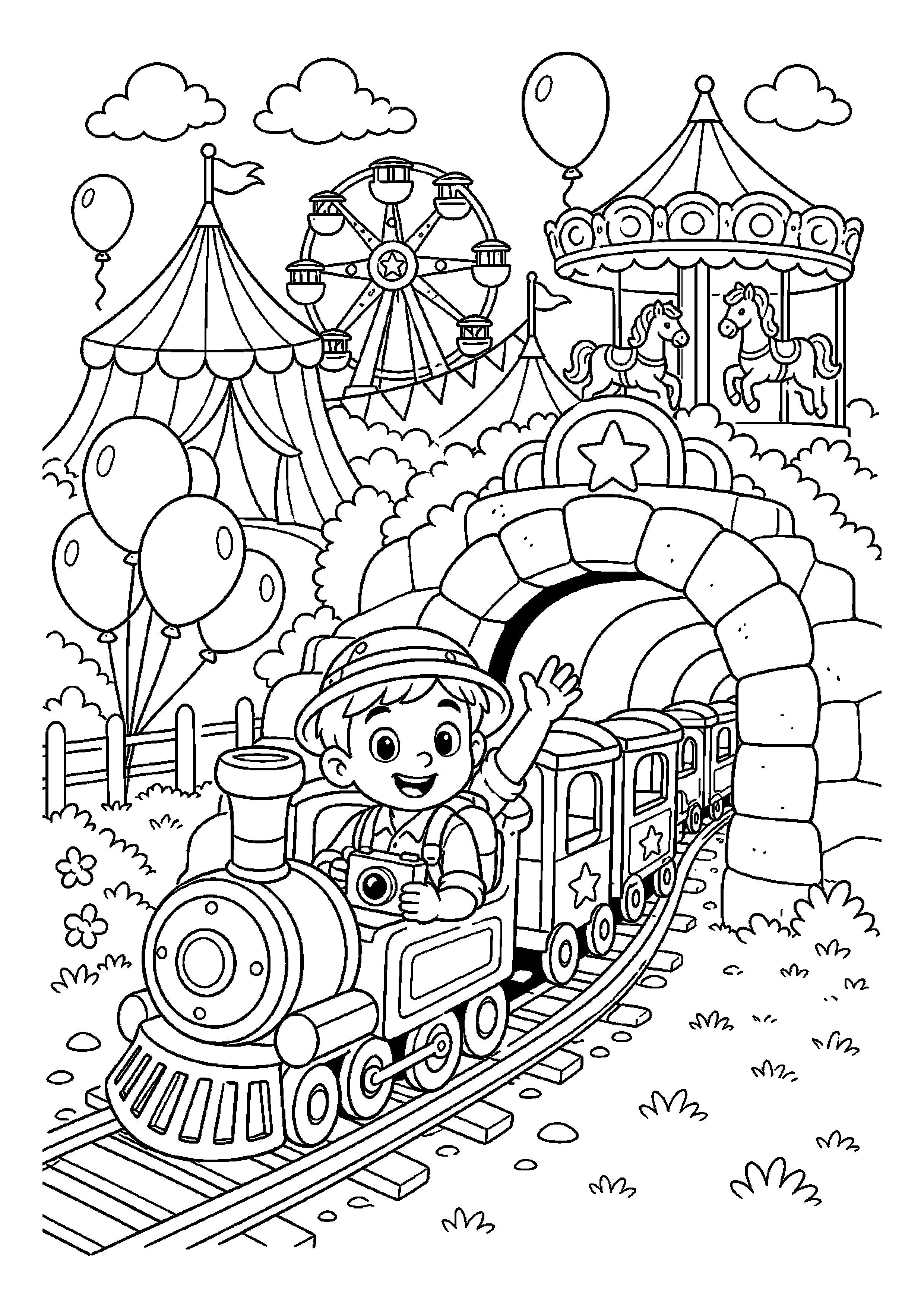 Mały podróżnik w kolejce mija tunel przy miniaturowej kolejce wśród balonów