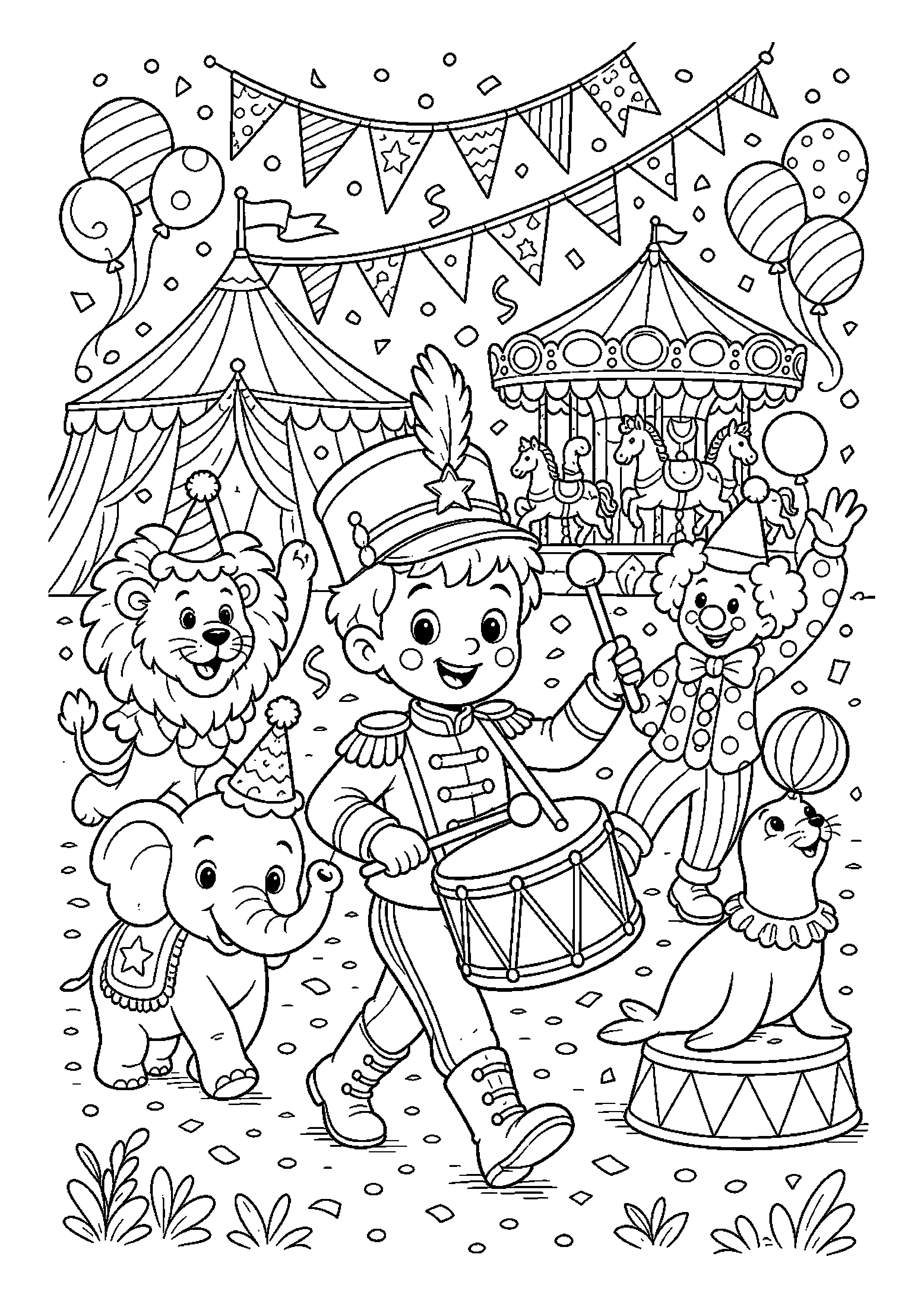 Mały perkusista cyrkowy towarzyszy paradzie na festynie w otoczeniu kolorowych chorągiewek