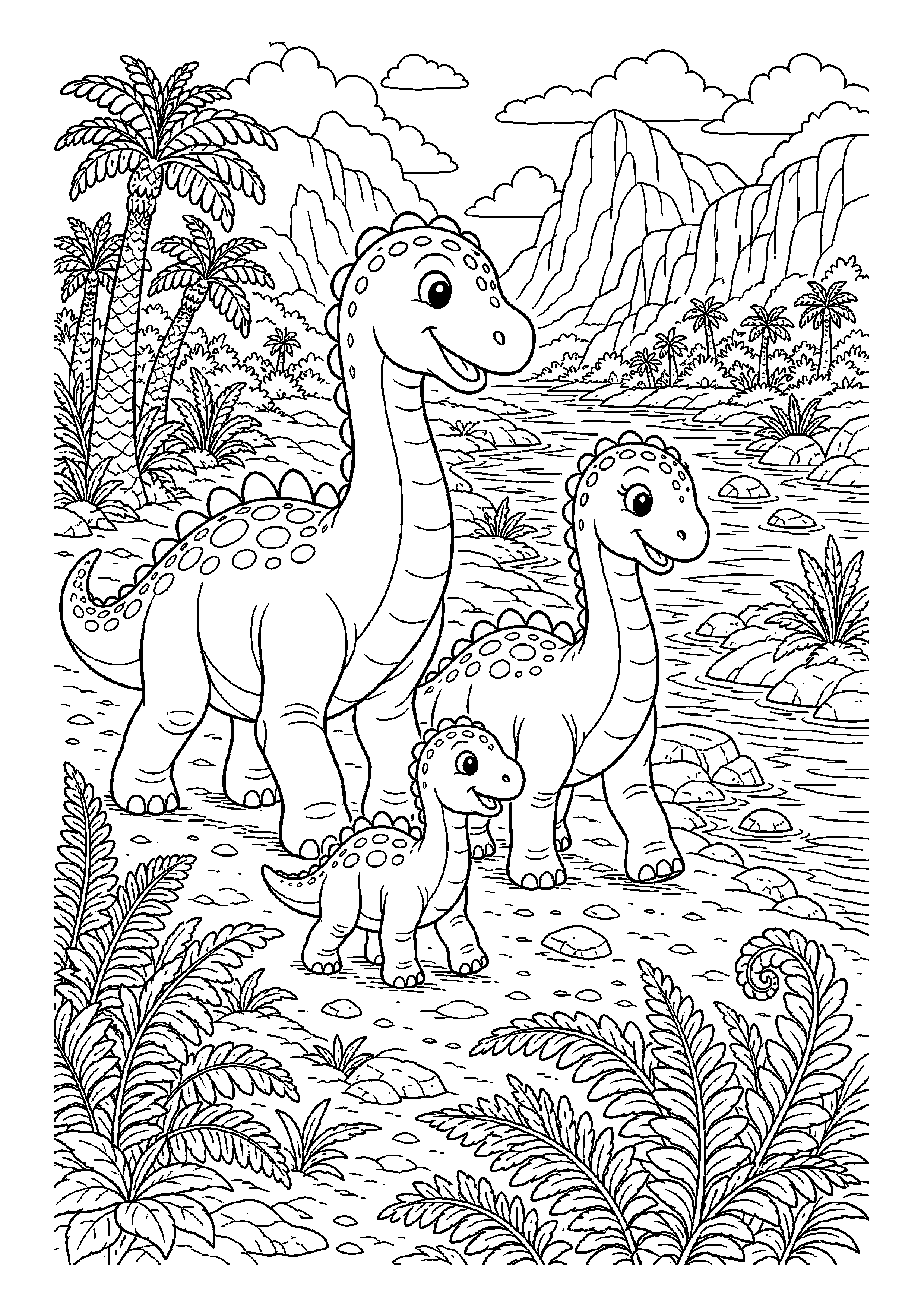 Rodzina dinozaurów w ciekawej scenerii