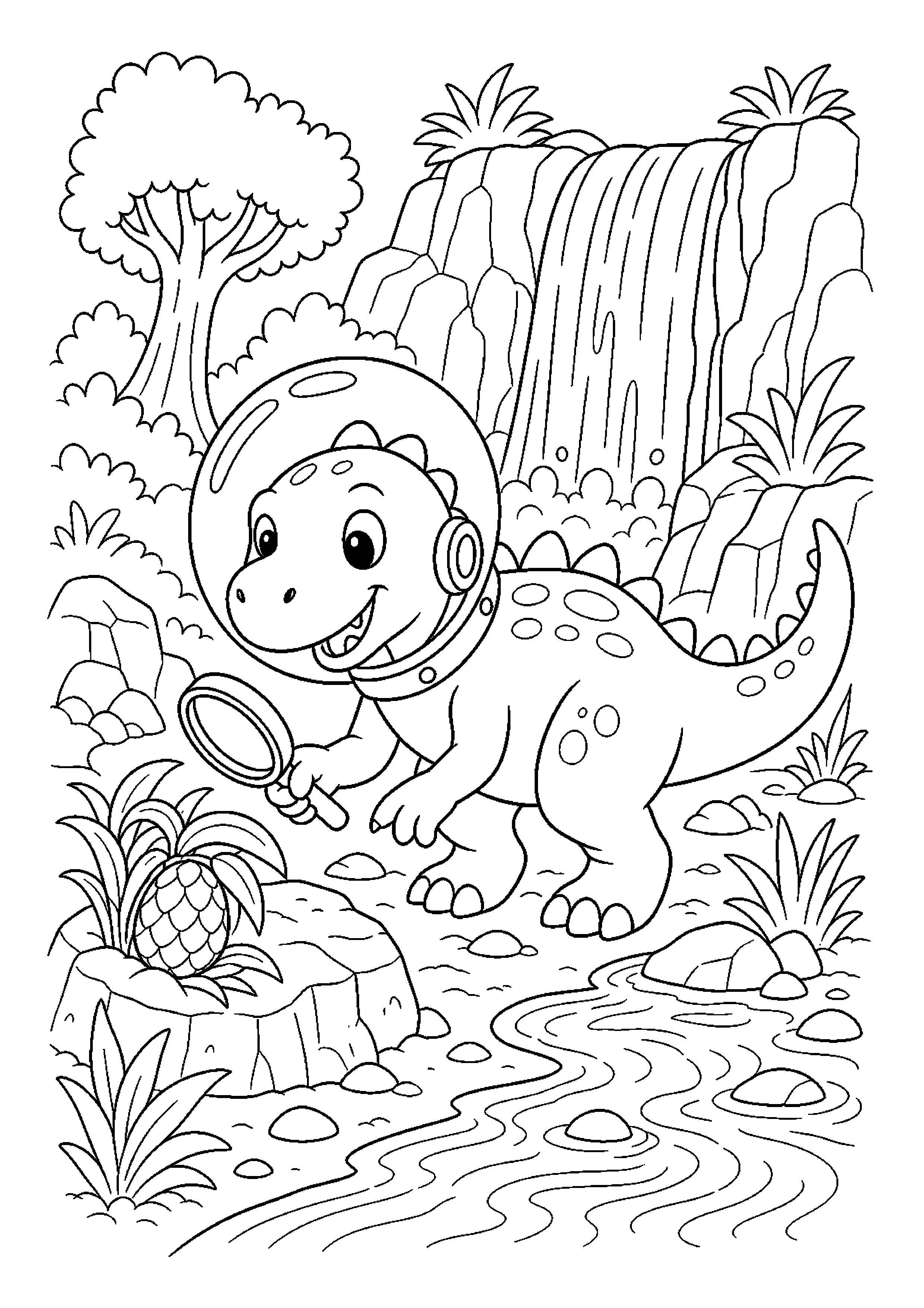 Dinozaur astronauta przy wodospadzie