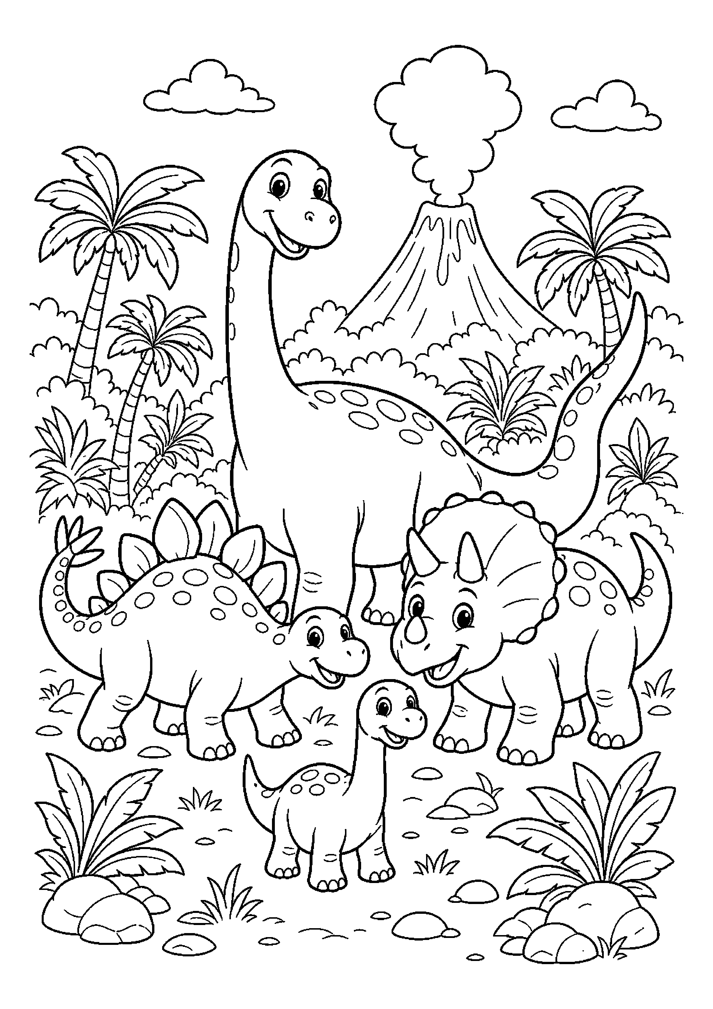 Rodzina dinozaurów w ciekawej scenerii