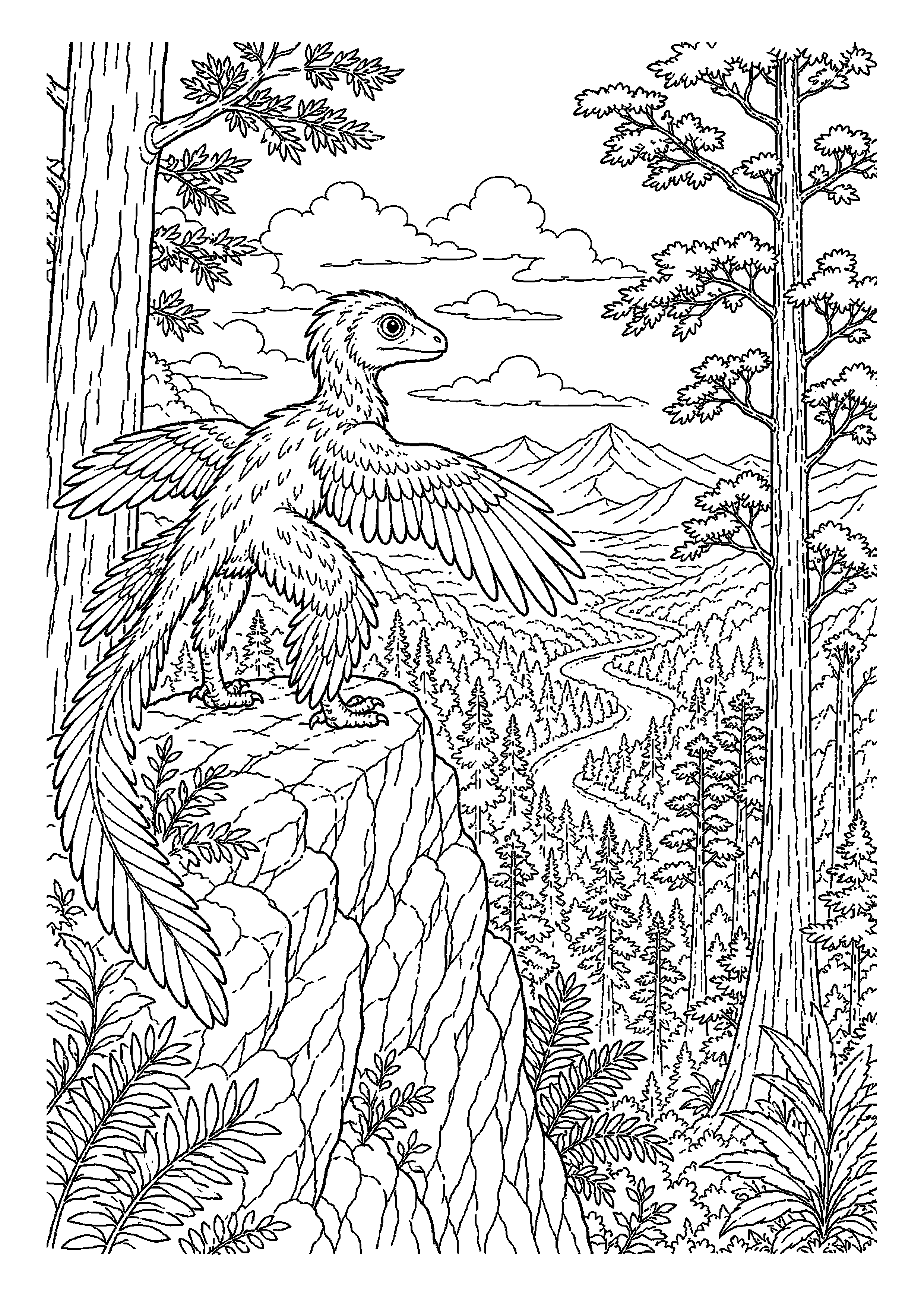 Mikroraptor obserwuje dolinę z wysokiej skały