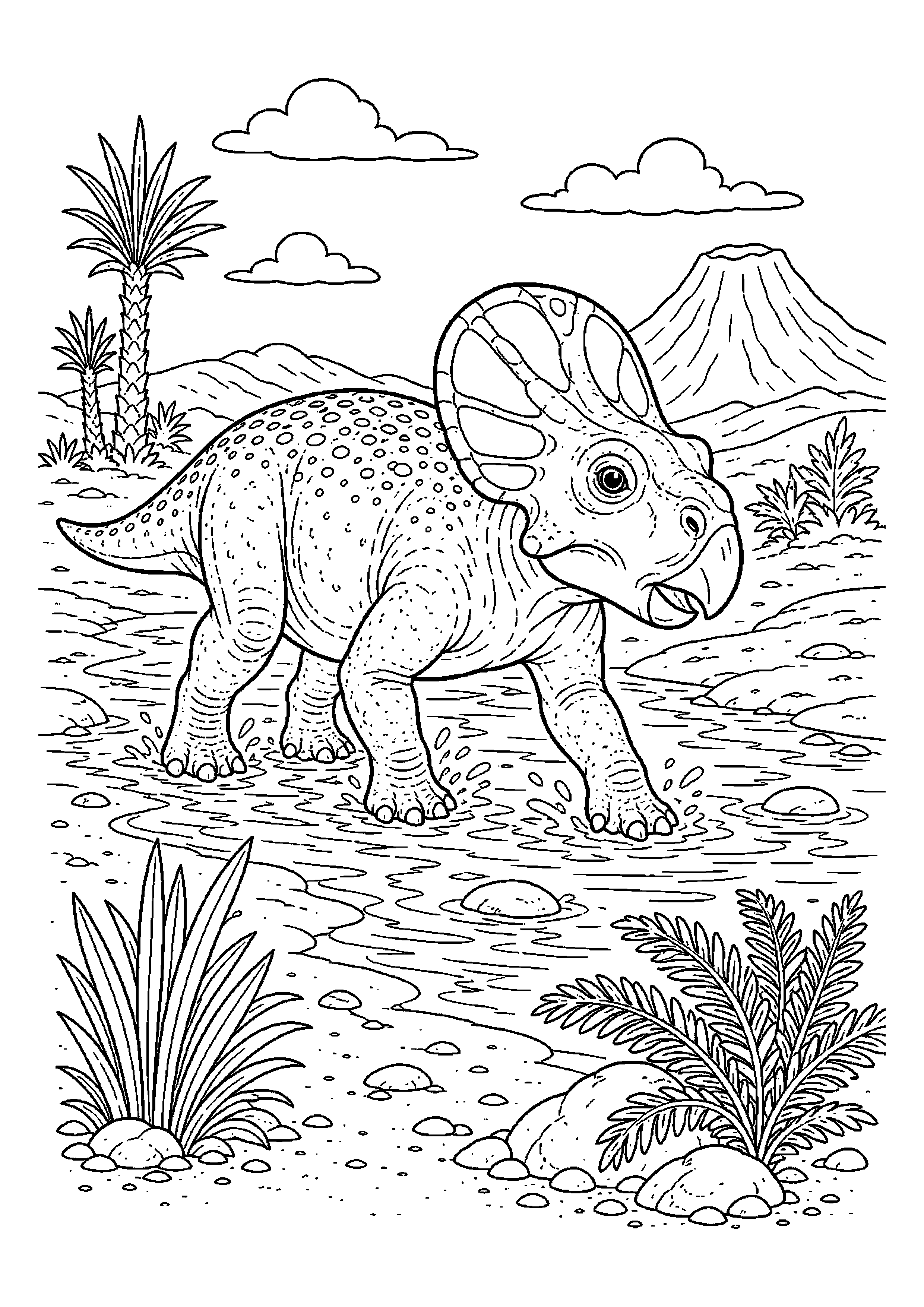 Protoceratops przechodzi przez płytki strumień