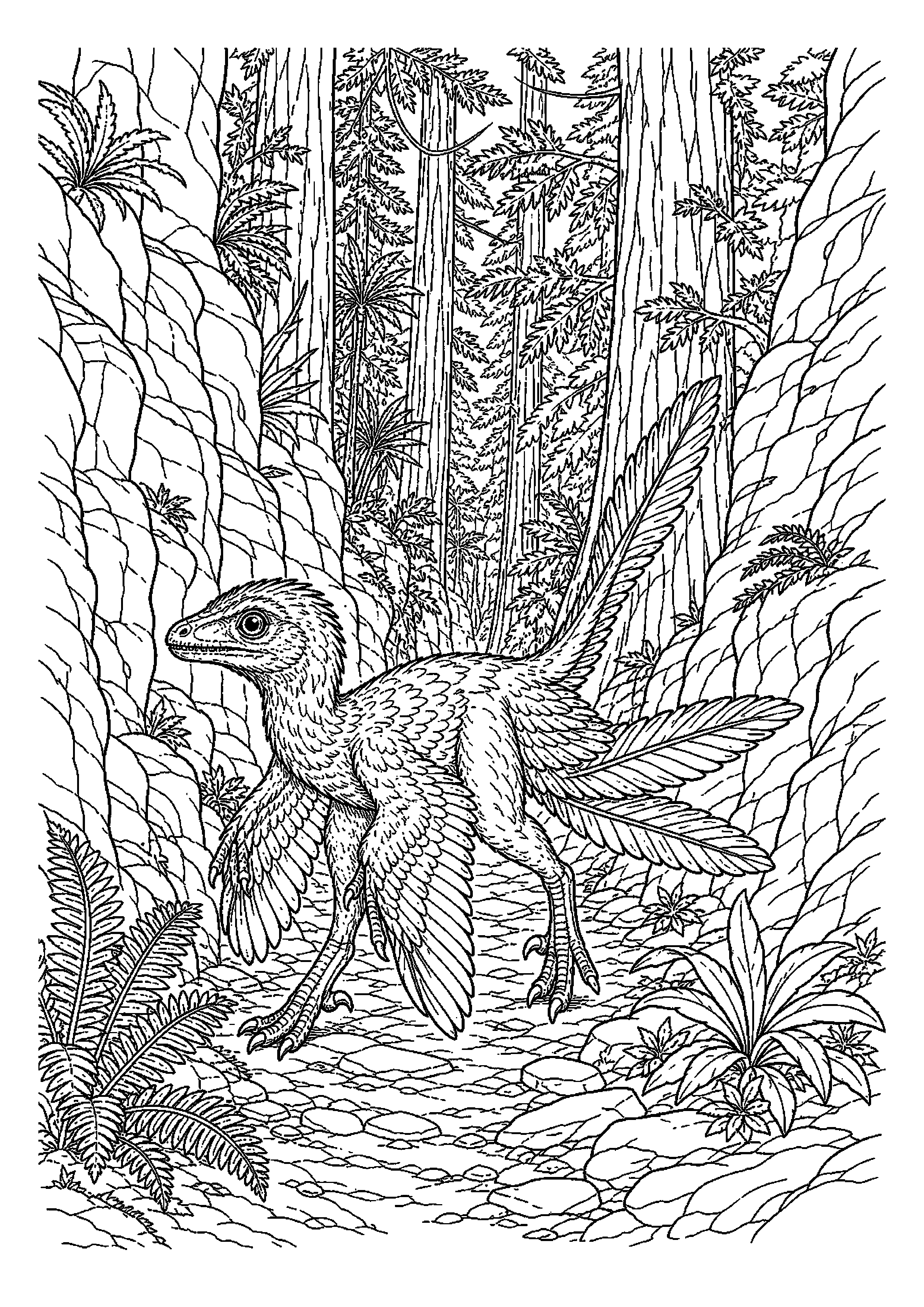 Mikroraptor przechodzi przez wąski kanion