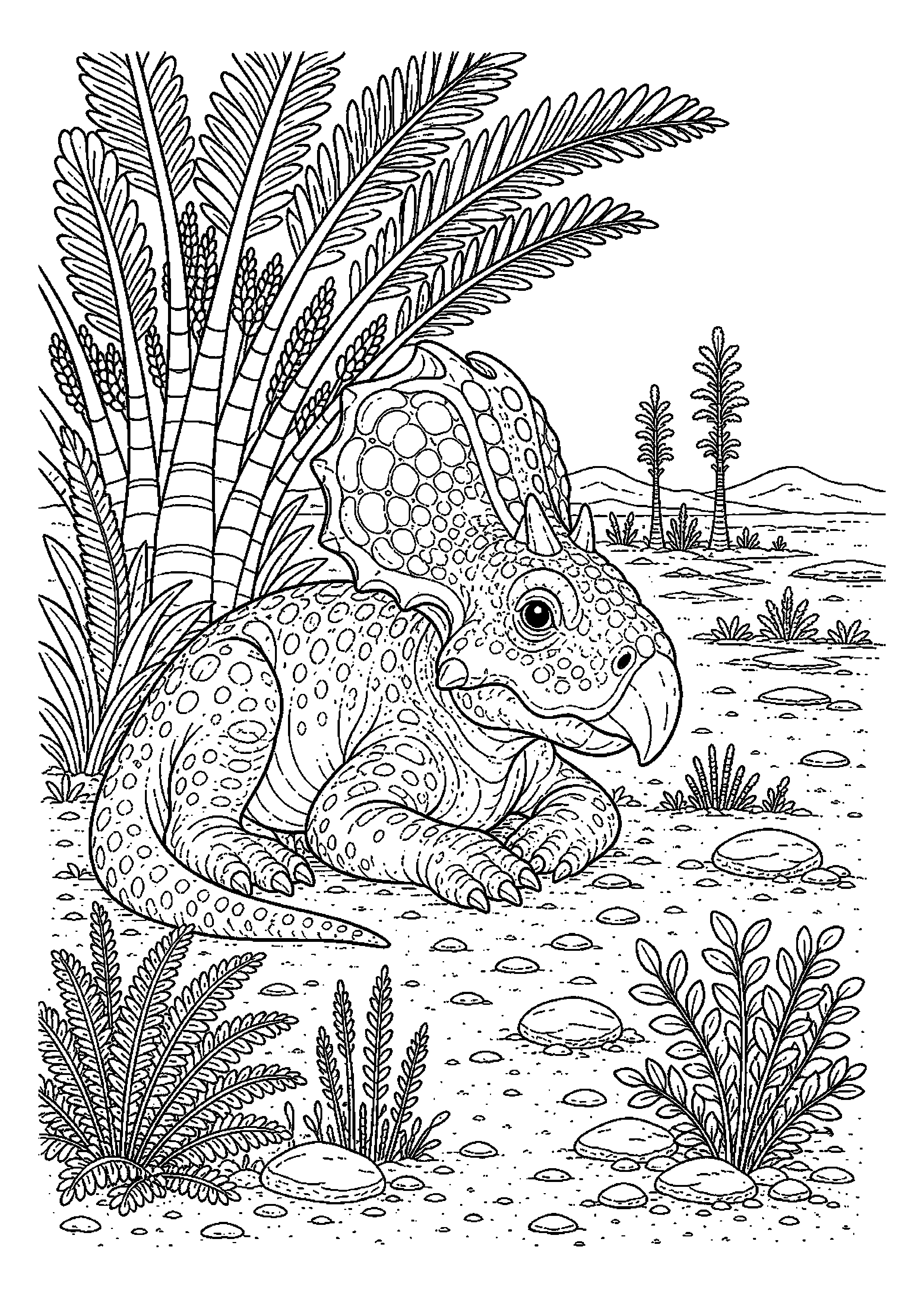 Protoceratops odpoczywa w cieniu roślin
