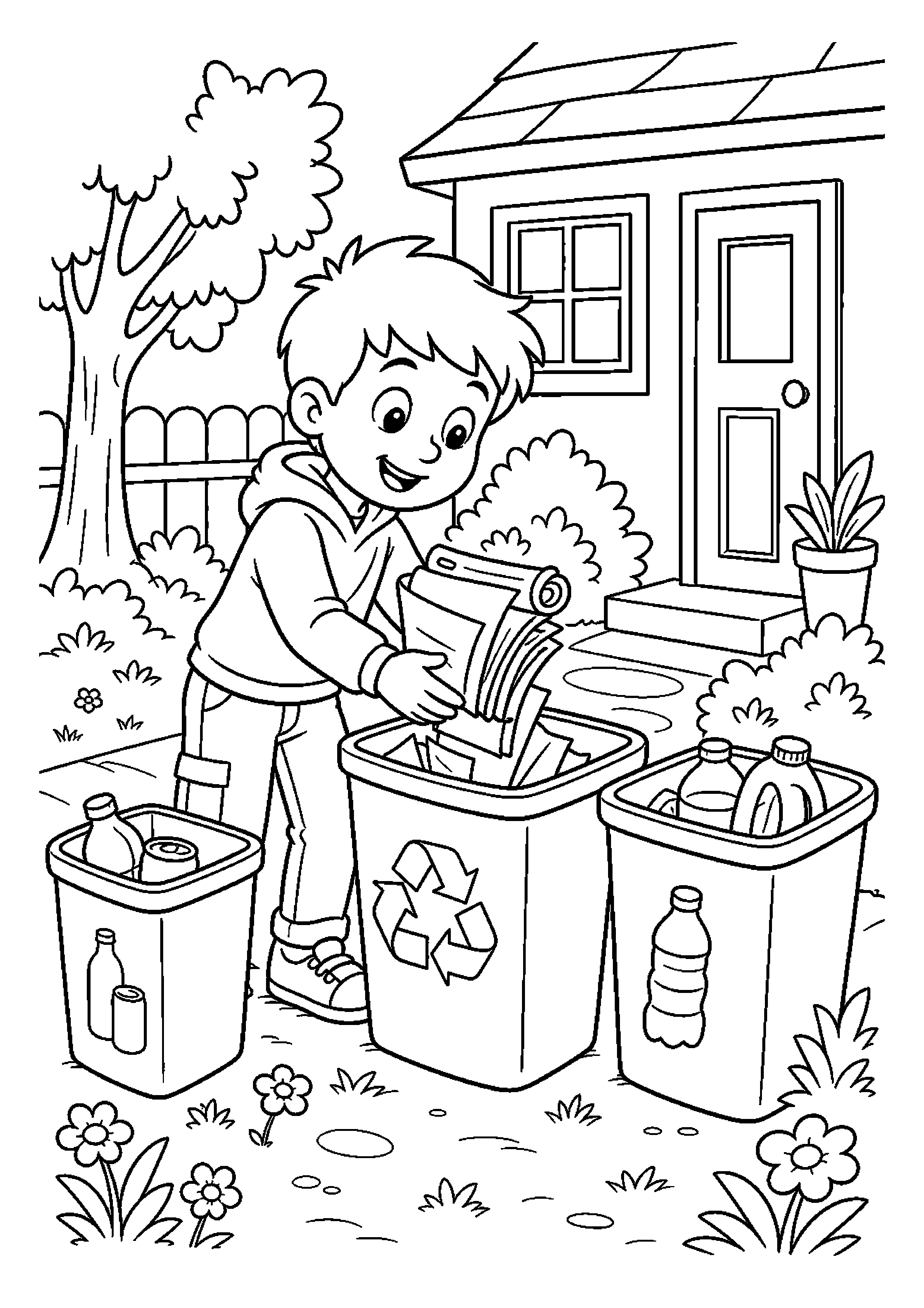 Mały pomocnik wynosi papier do recyklingu przy pojemnikach do segregacji