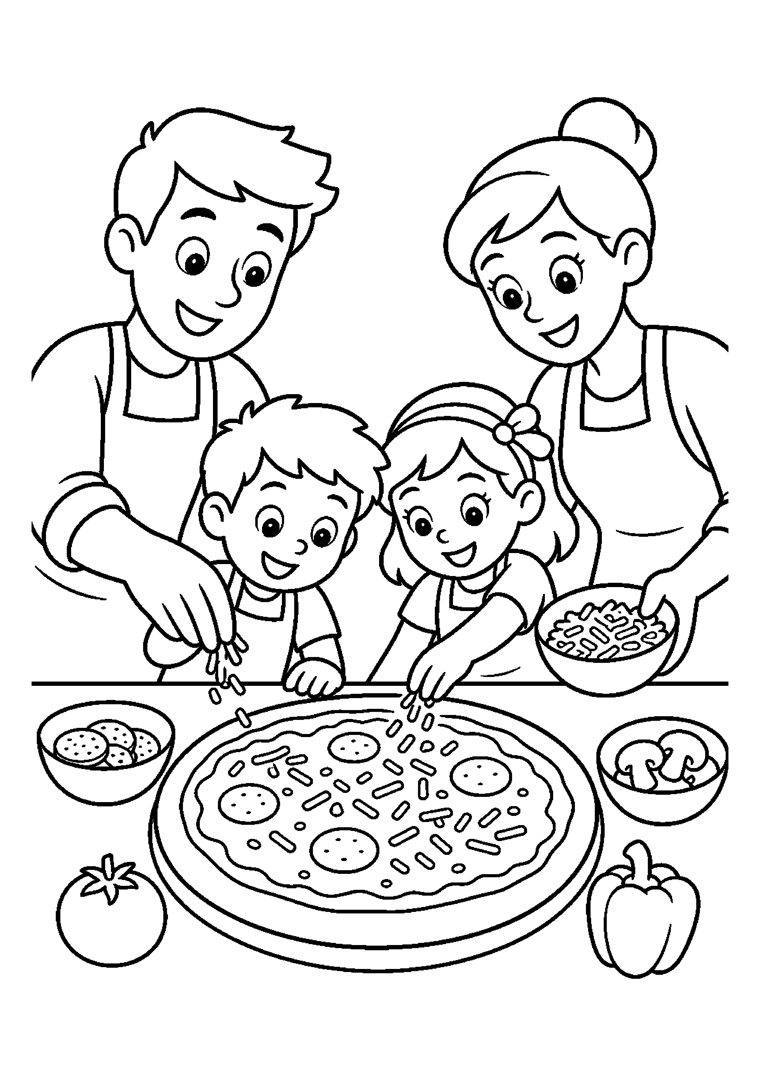 Rodzina piekąca pizzę posypuje pizzę serem na warsztatach