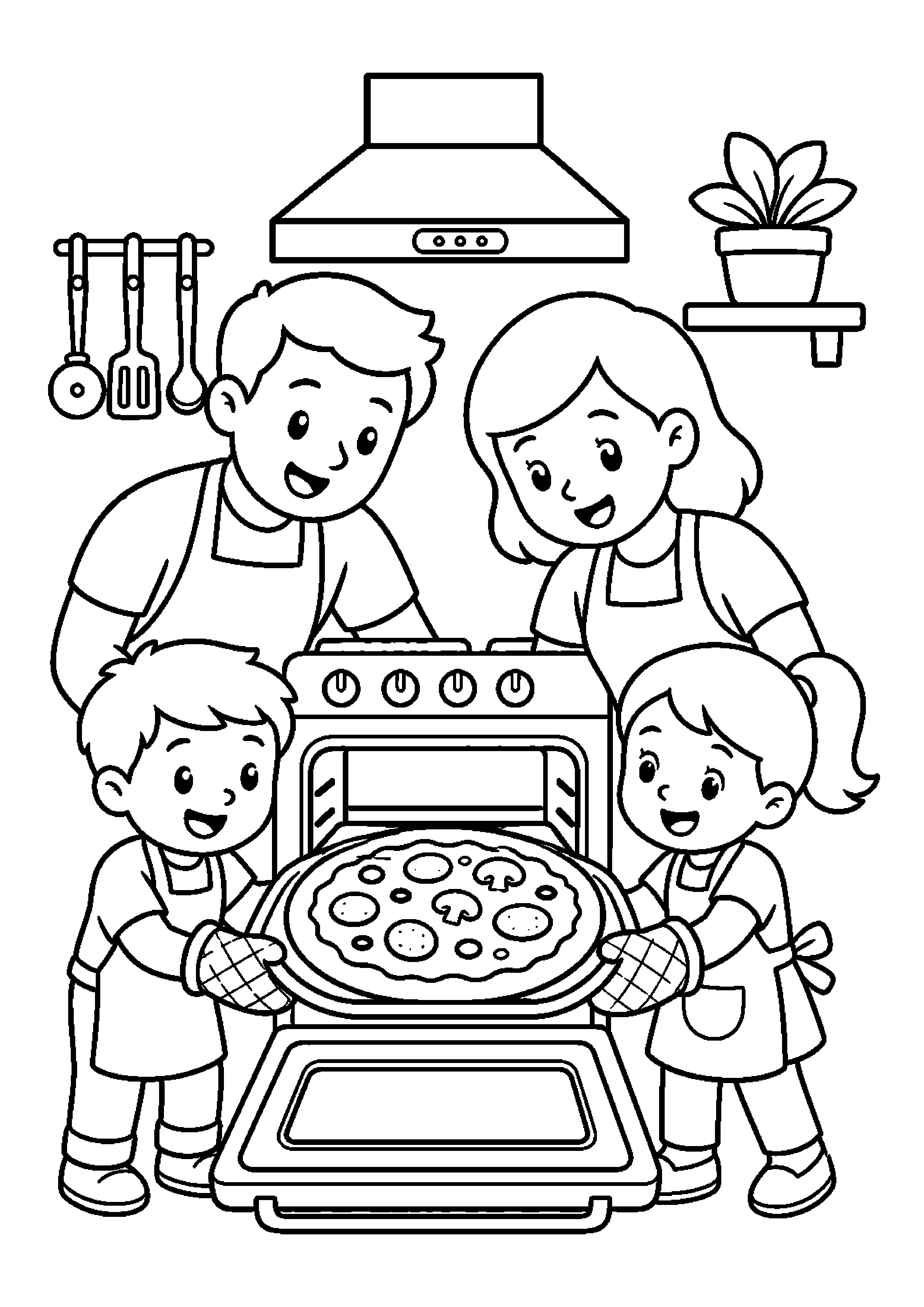 Rodzina piekąca pizzę wyjmuje gotową pizzę z pieca w domowej kuchni