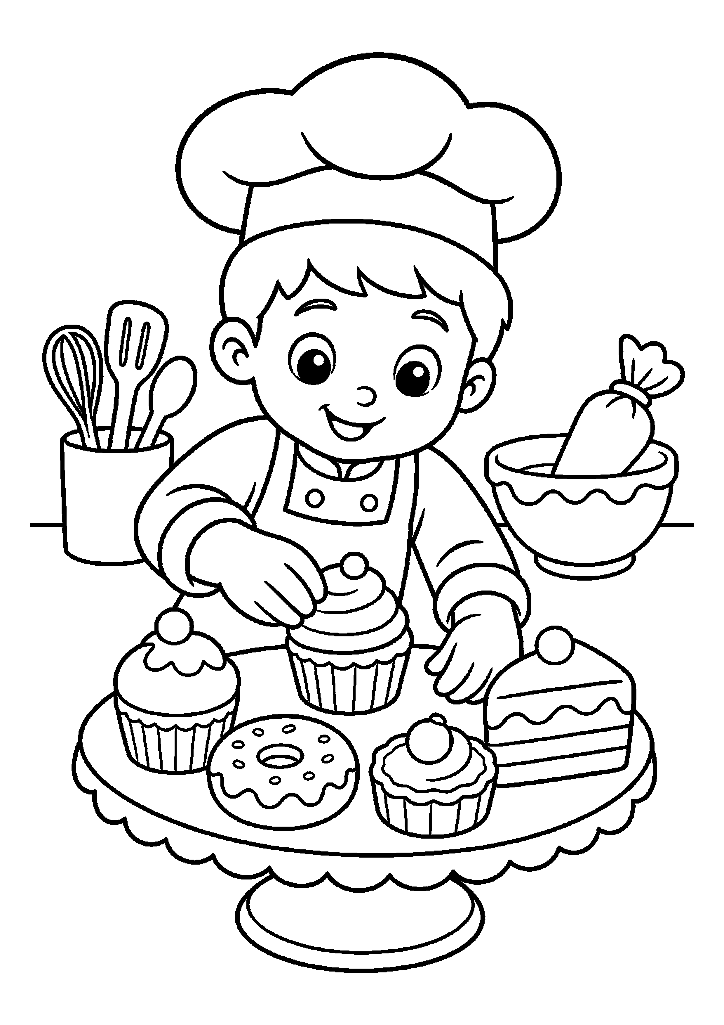 Mała cukierniczka układa wypieki na paterze w pracowni cukierniczej