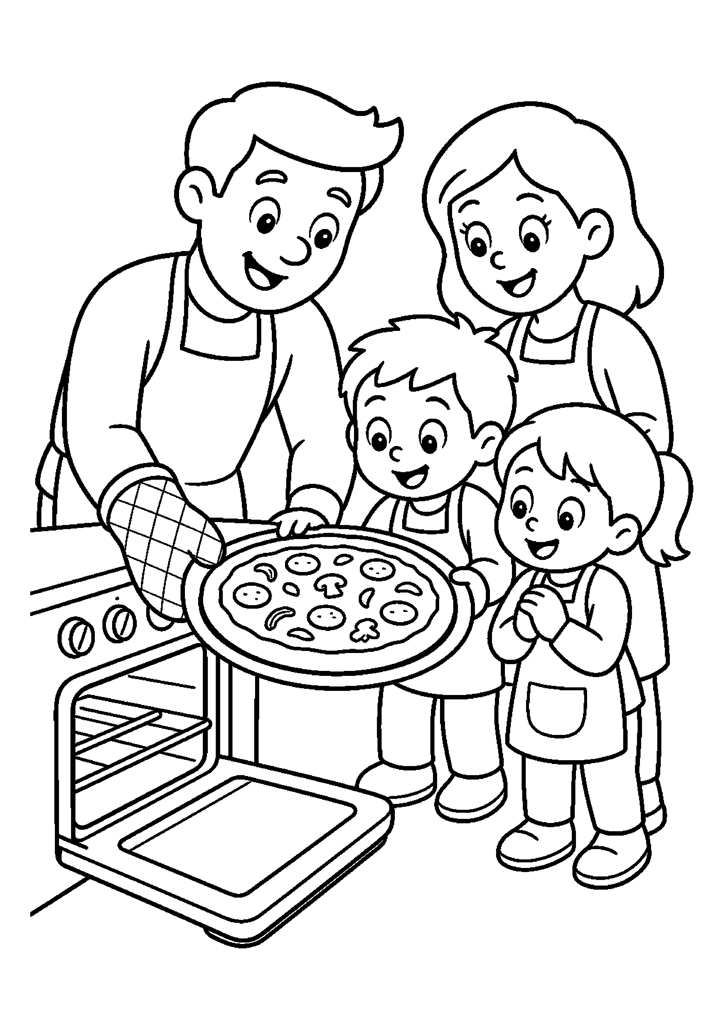 Rodzina piekąca pizzę wyjmuje gotową pizzę z pieca podczas wspólnego wieczoru