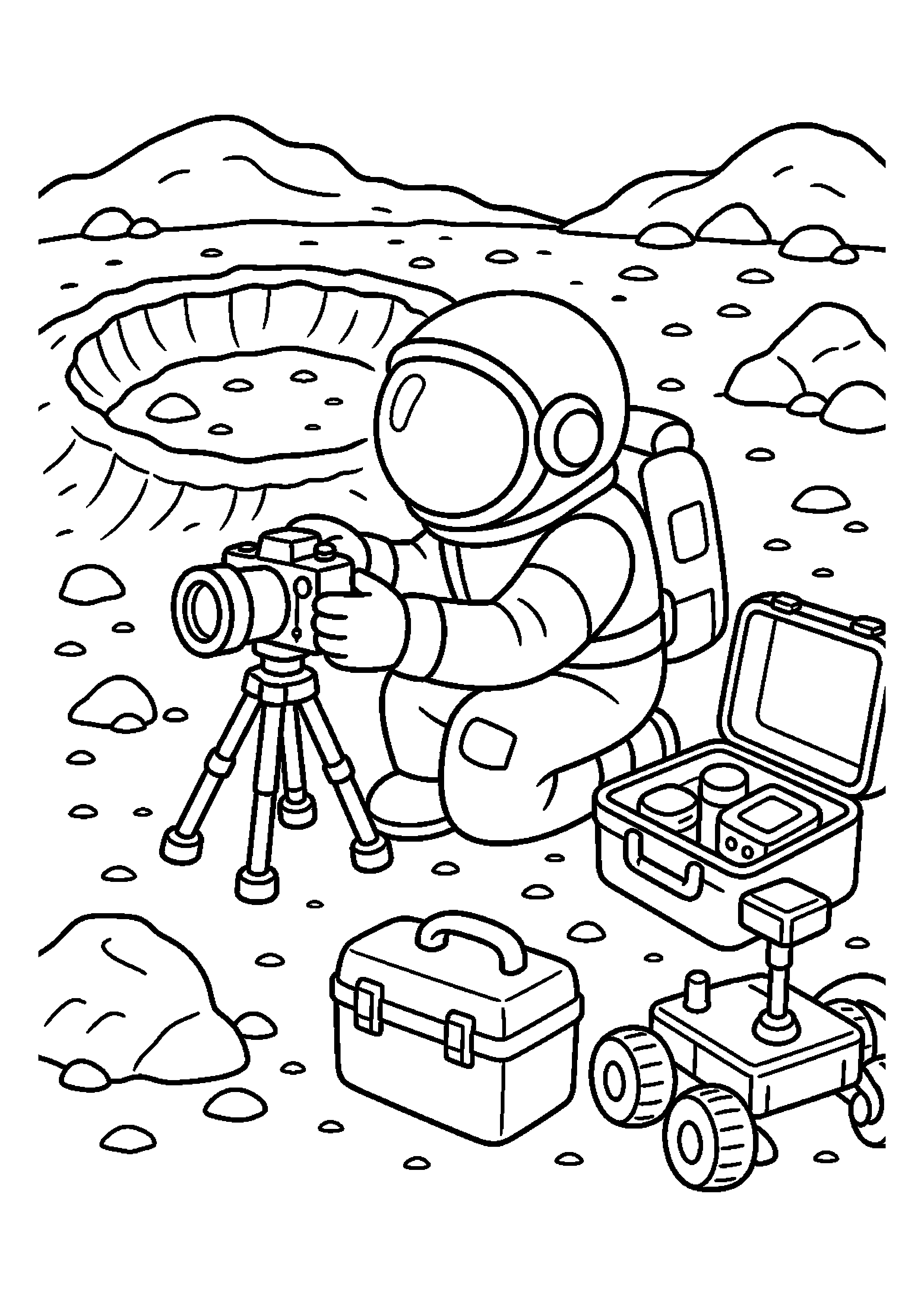 Astronauta fotografujący krater – przygotowuje sprzęt do kolejnego zadania
