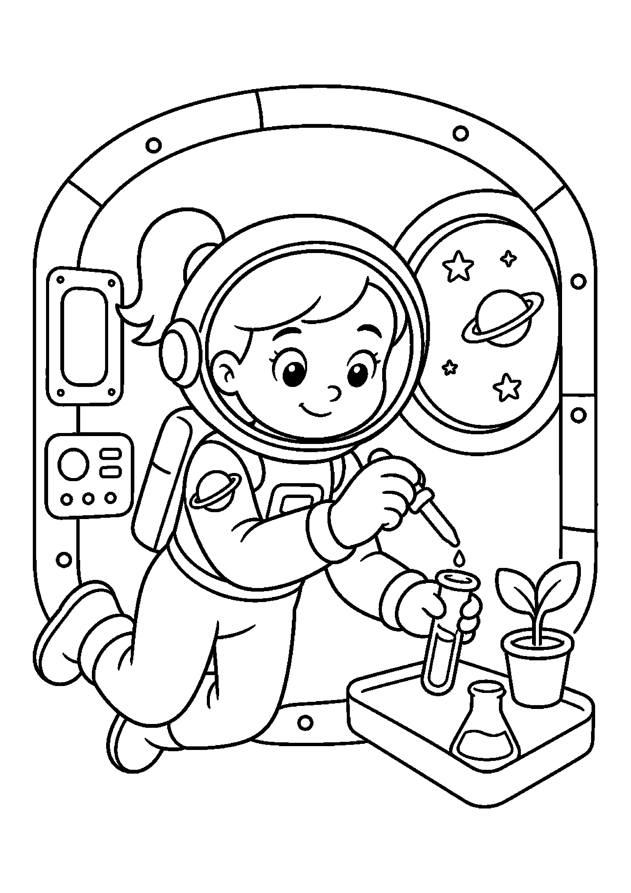 Astronautka ćwicząca w nieważkości – wykonuje spokojne zadanie badawcze