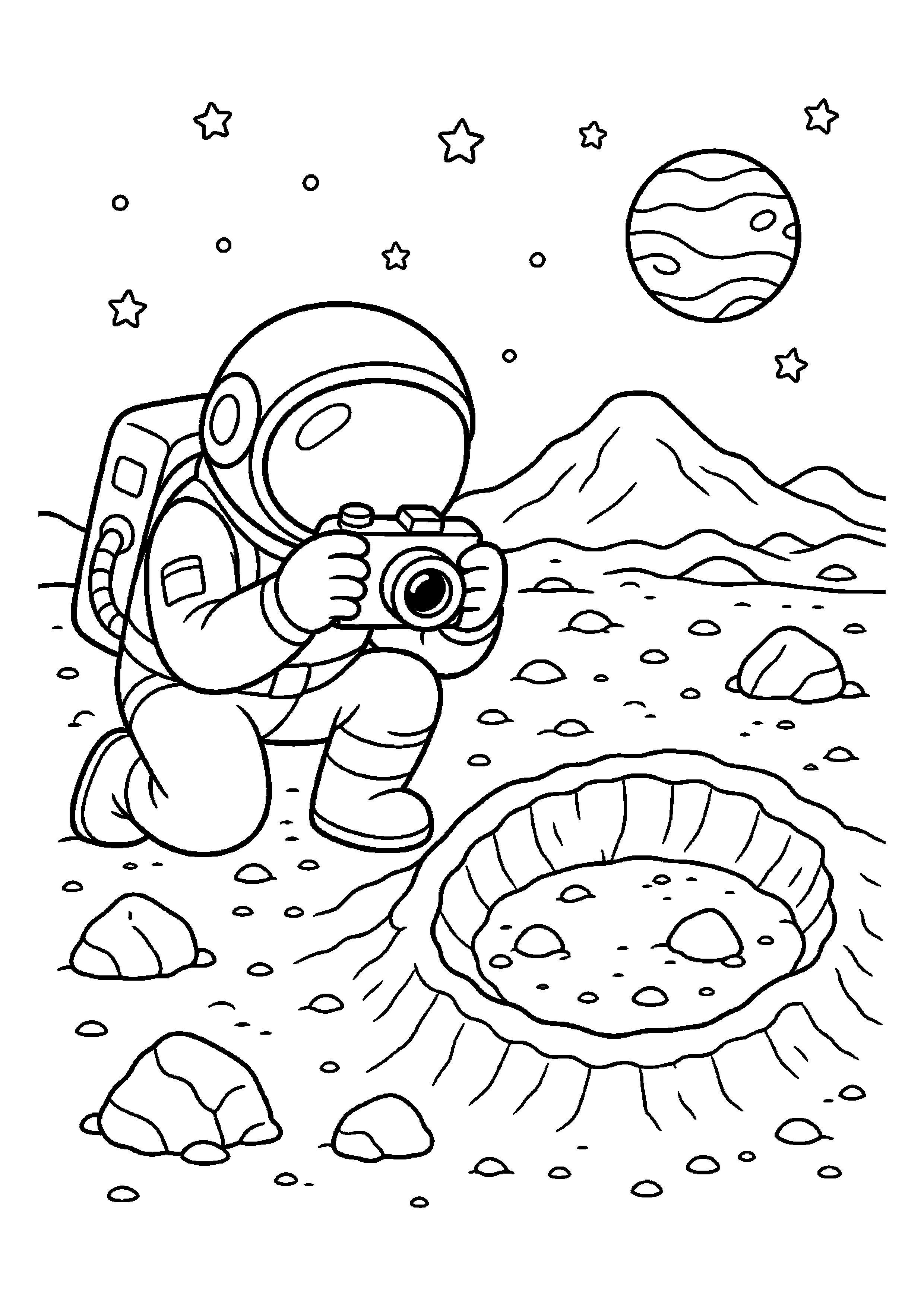 Astronauta fotografujący krater – wykonuje spokojne zadanie badawcze