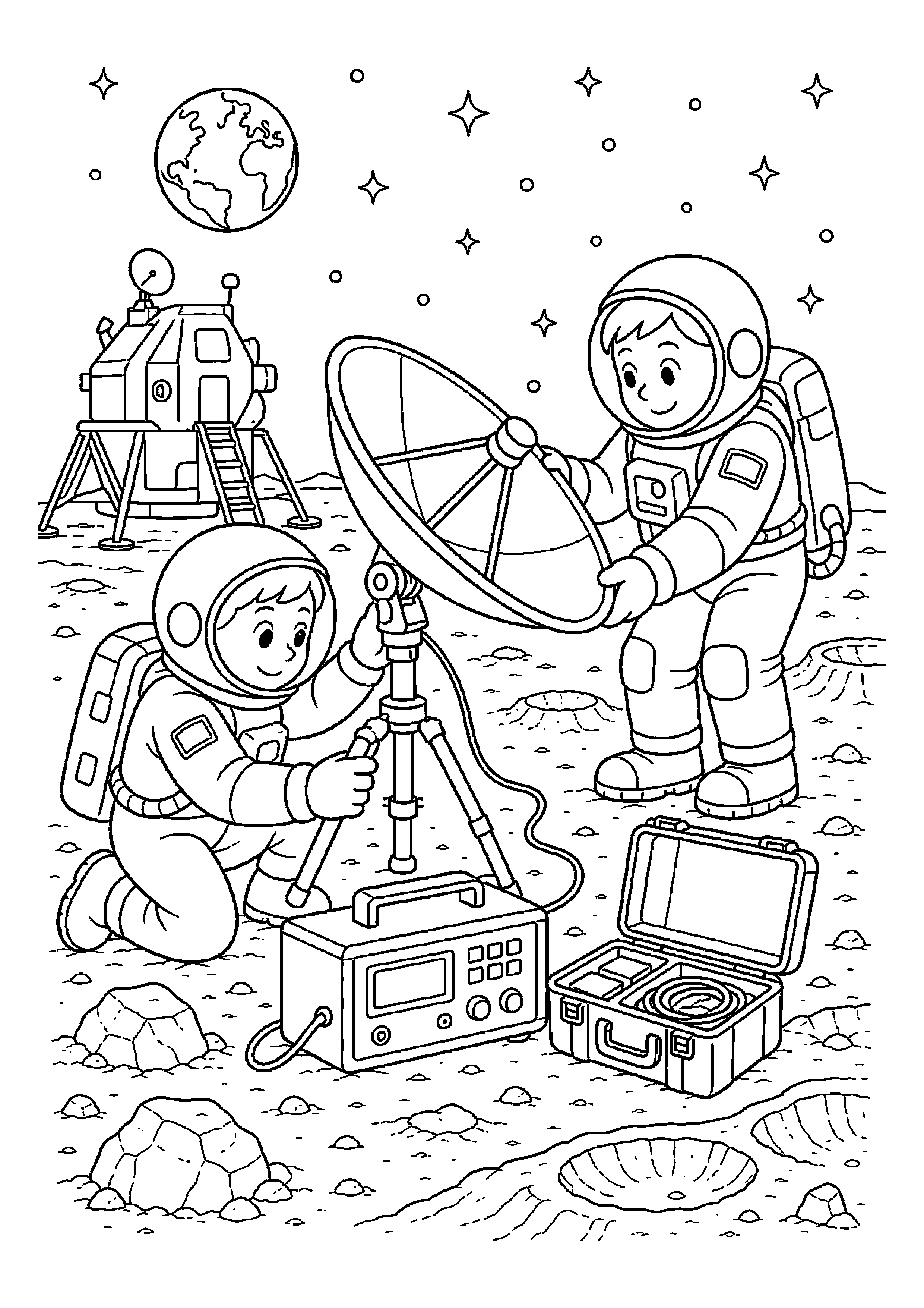Dwoje astronautów rozkładających antenę – przygotowuje sprzęt do kolejnego zadania