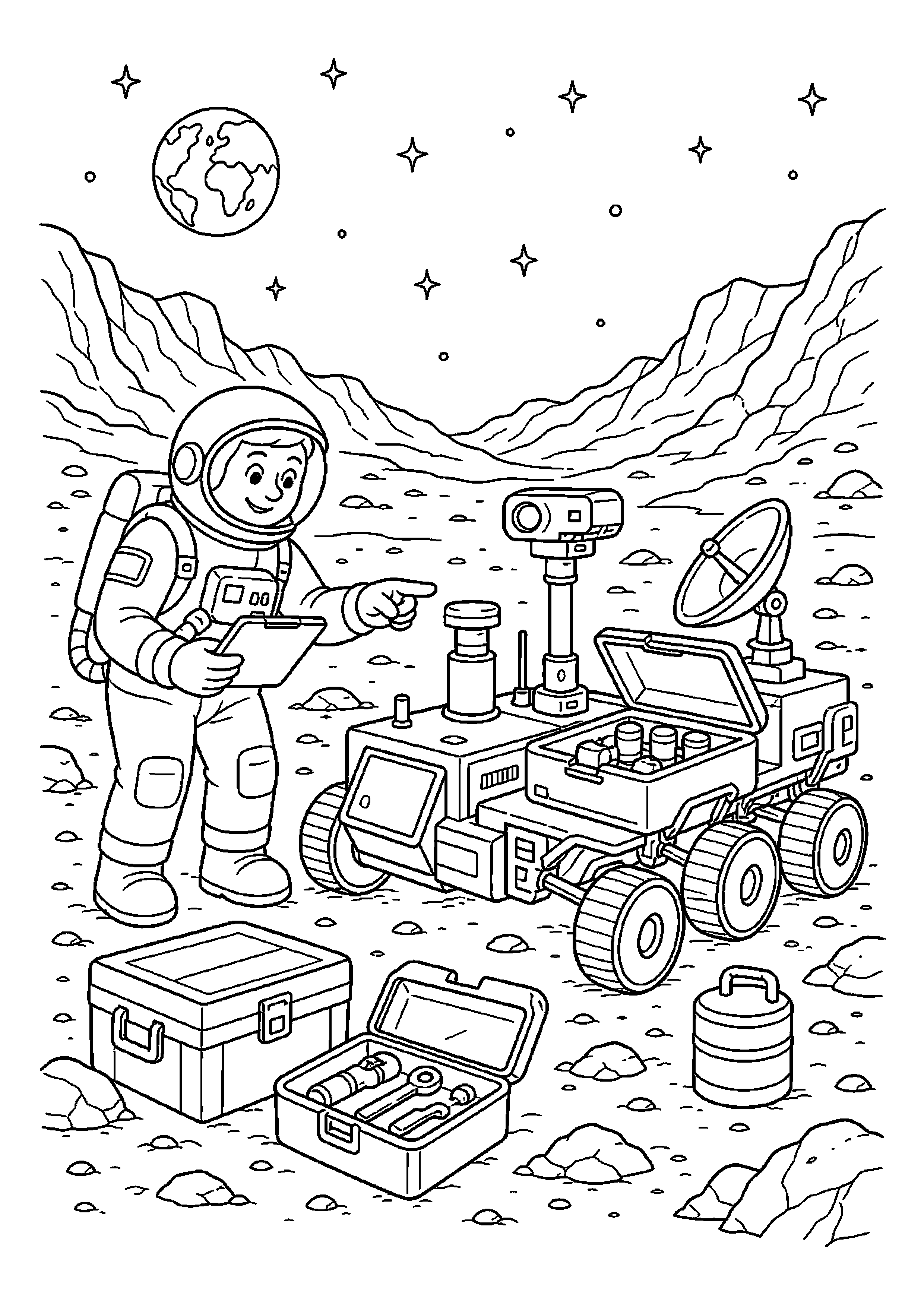 Astronauta prowadzący łazik – przygotowuje sprzęt do kolejnego zadania