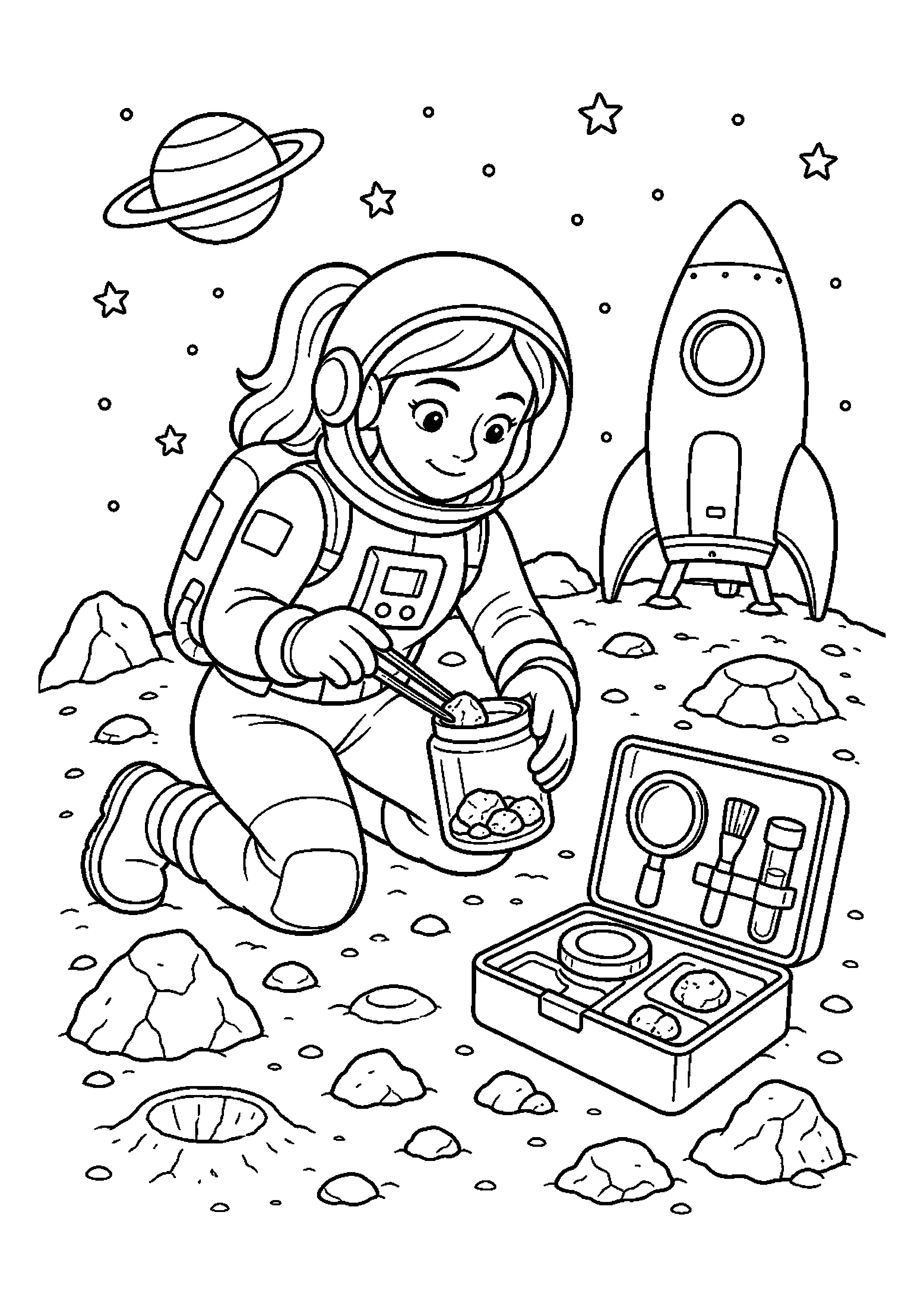 Astronautka pobierająca próbkę skały – pracuje z zachowaniem porządku