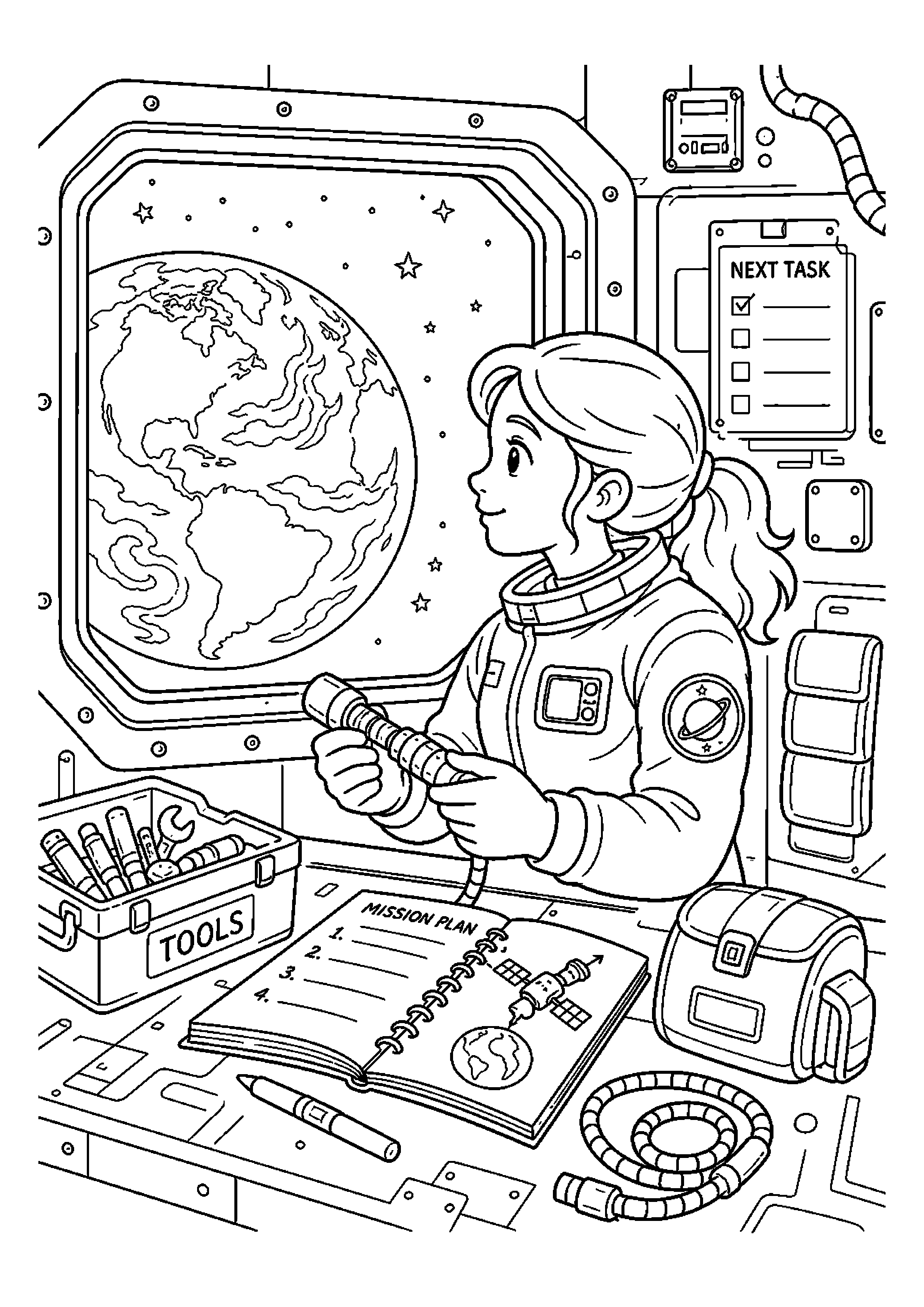 Astronautka obserwująca ziemię – przygotowuje sprzęt do kolejnego zadania