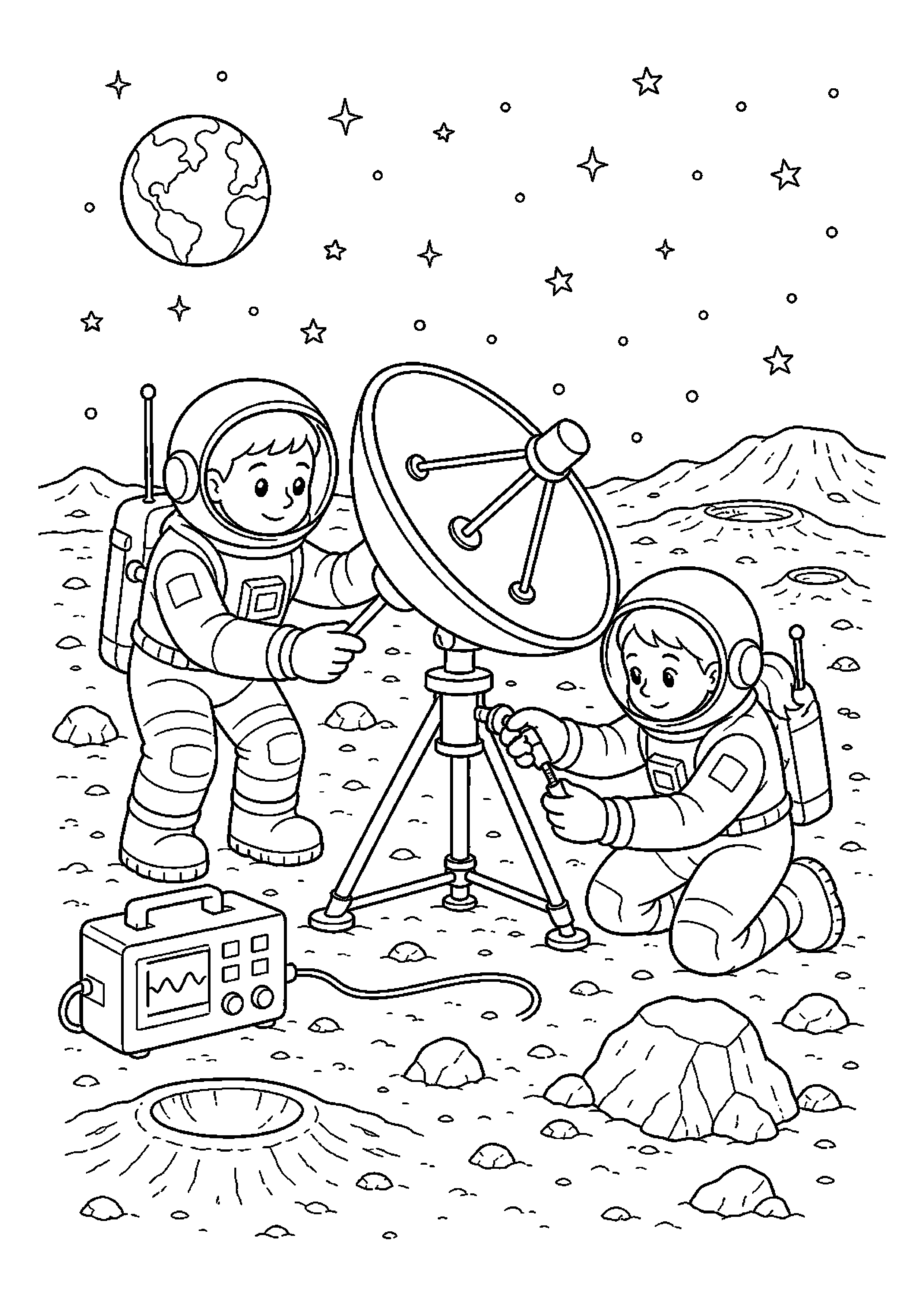 Dwoje astronautów rozkładających antenę – wykonuje spokojne zadanie badawcze