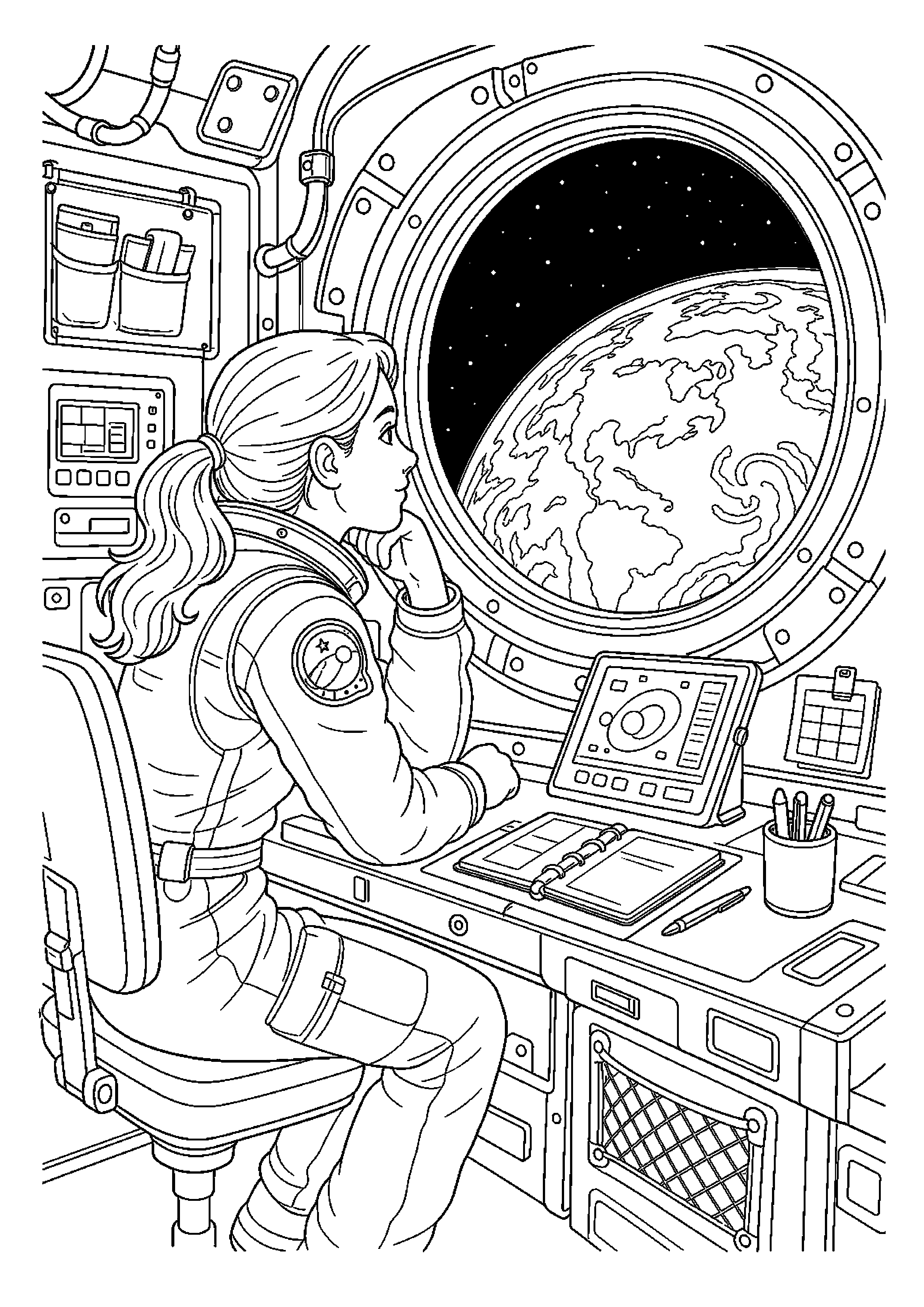 Astronautka obserwująca ziemię – pracuje z zachowaniem porządku