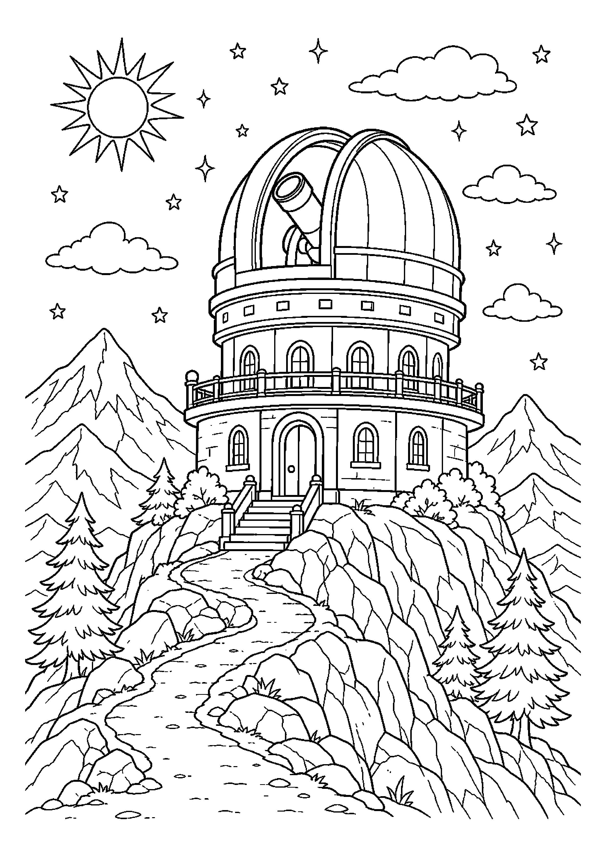 Obserwatorium astronomiczne stoi na górskim szczycie w pogodny dzień