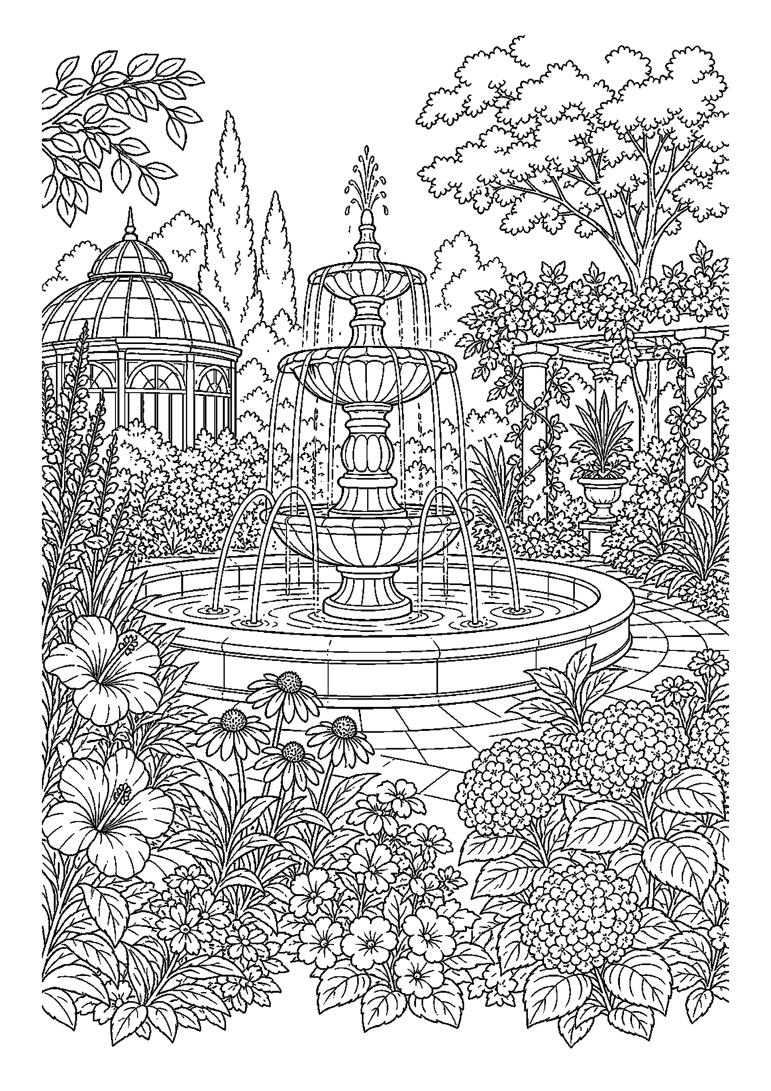 Ogród botaniczny otacza dużą fontannę latem