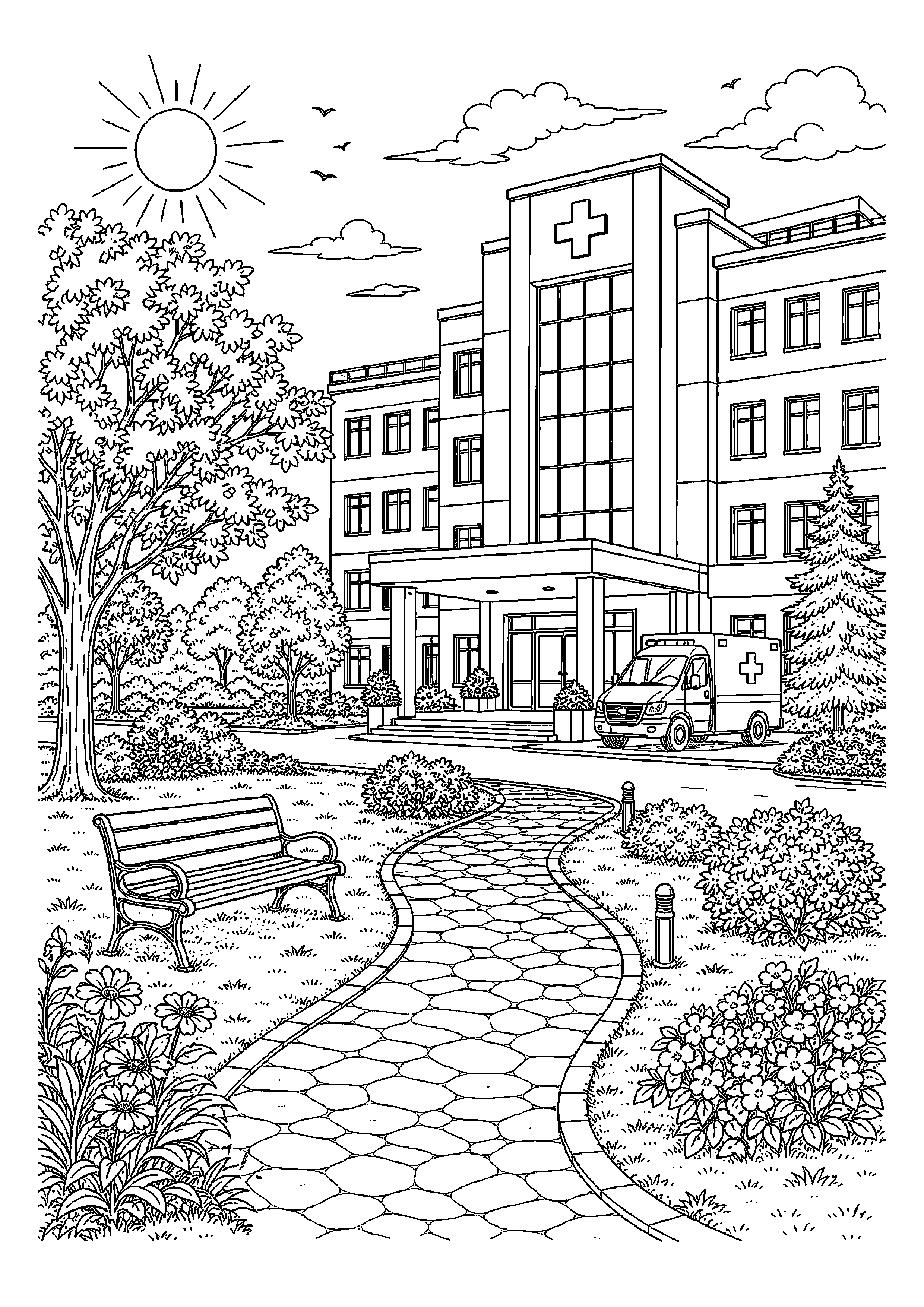 Szpital stoi przy zielonym parku o poranku