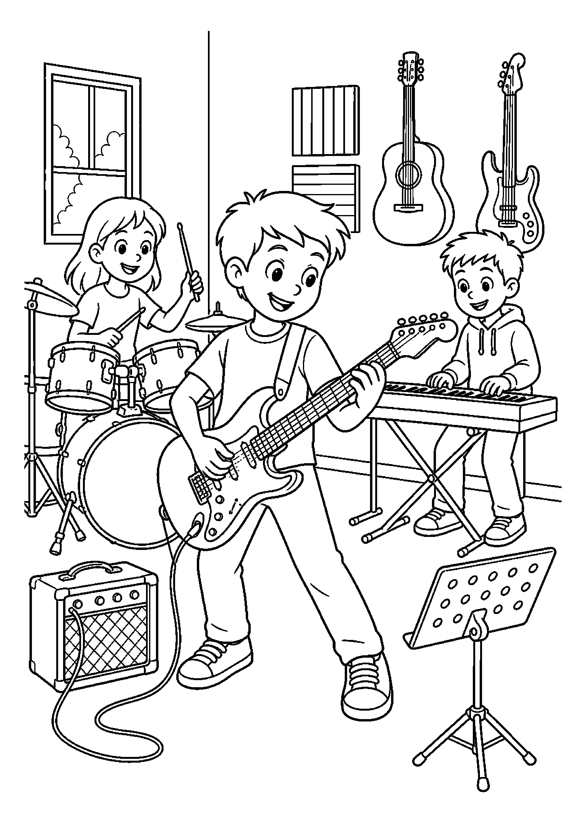 Gitarzysta występuje z przyjaciółmi w pokoju muzycznym