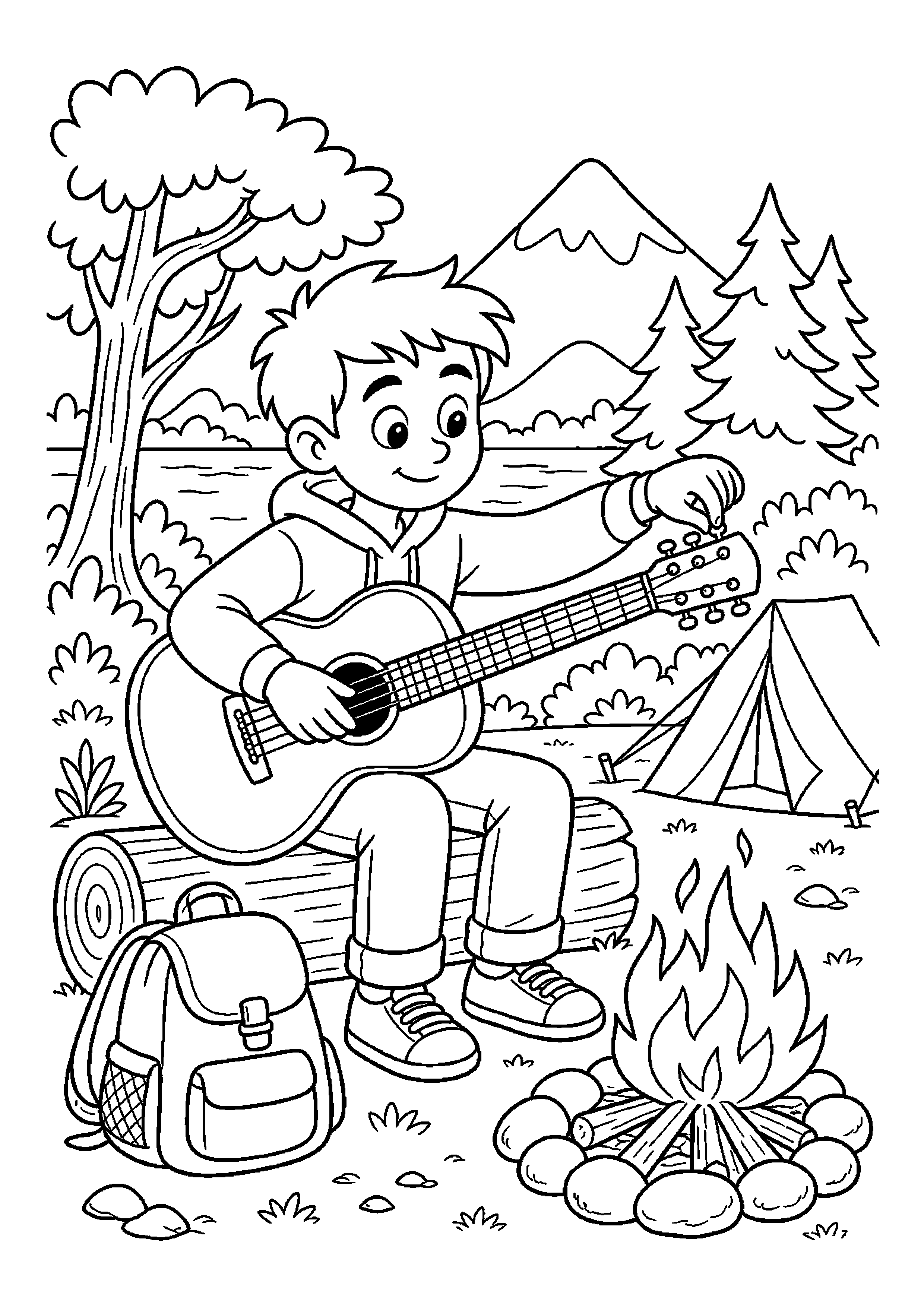 Gitarzysta stroi gitarę przy ognisku