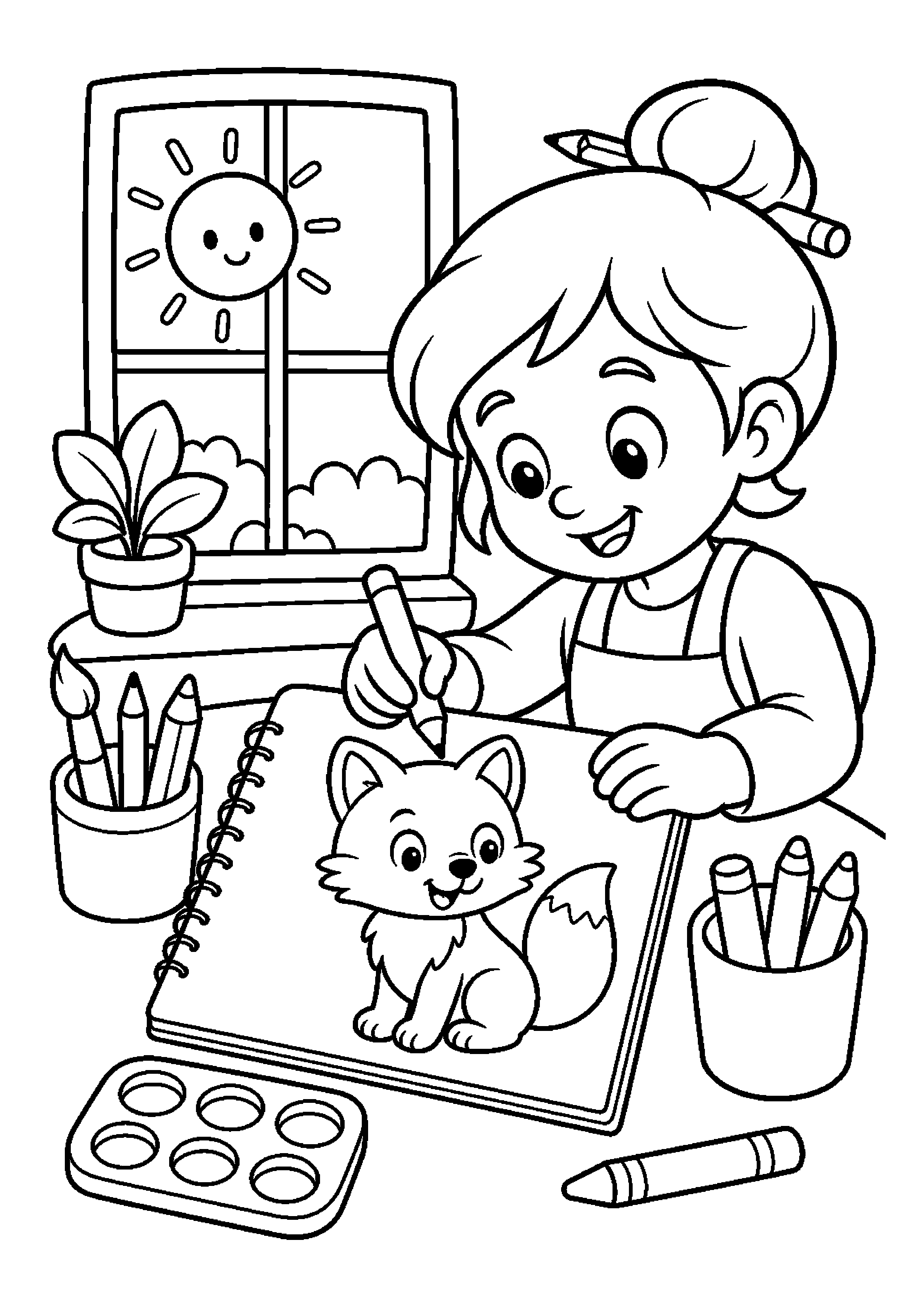 Ilustratorka rysuje postać do książki przy oknie