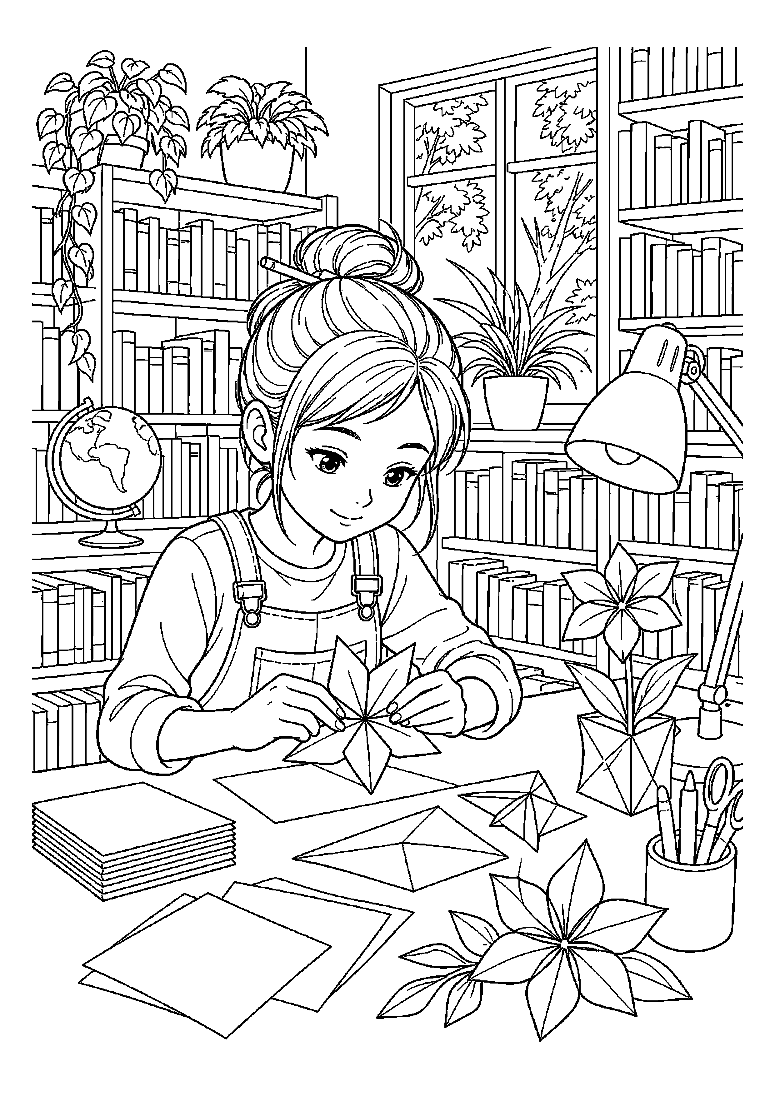 Origamistka tworzy papierowy kwiat w bibliotece