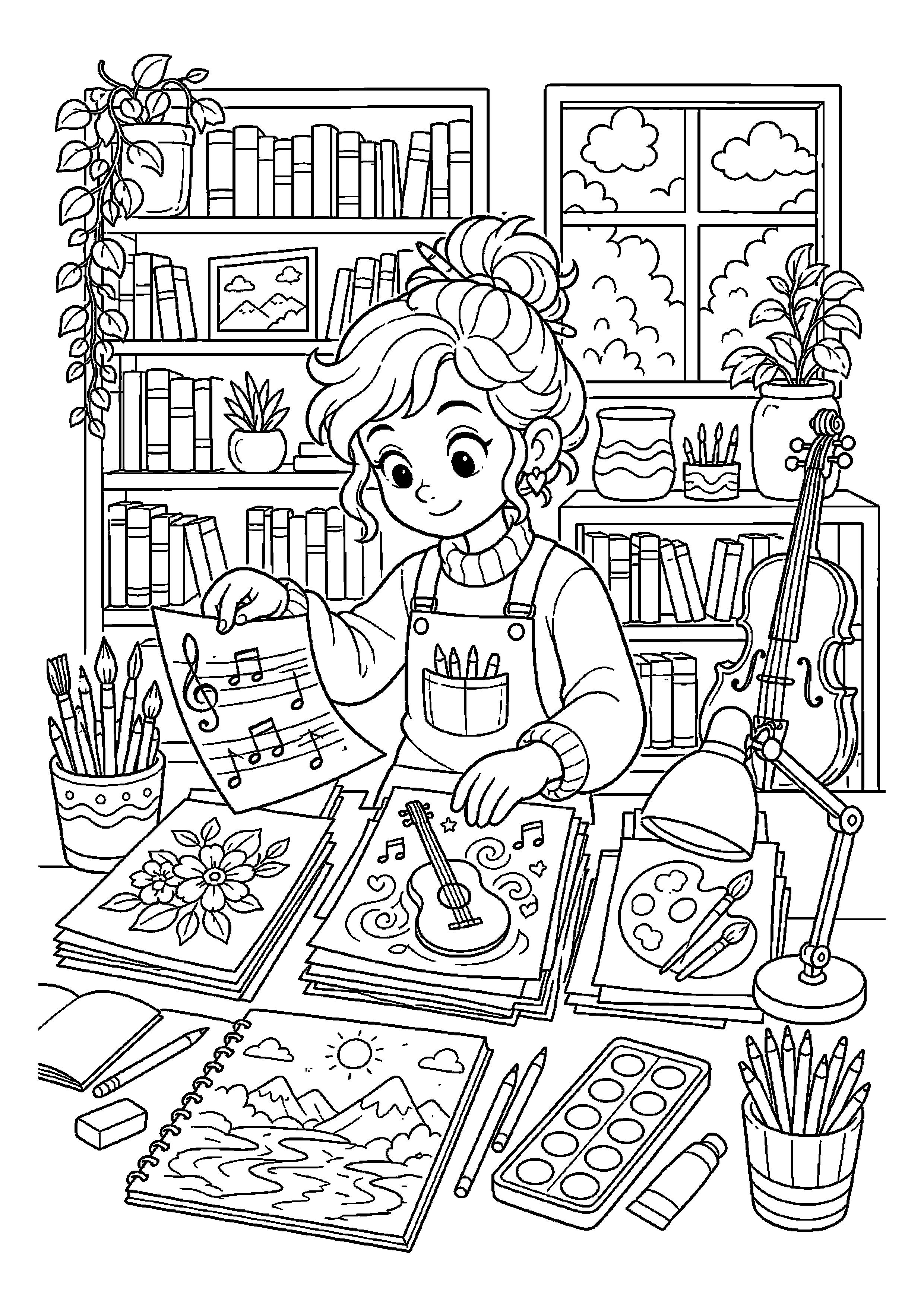 Ilustratorka porządkuje arkusze w bibliotece