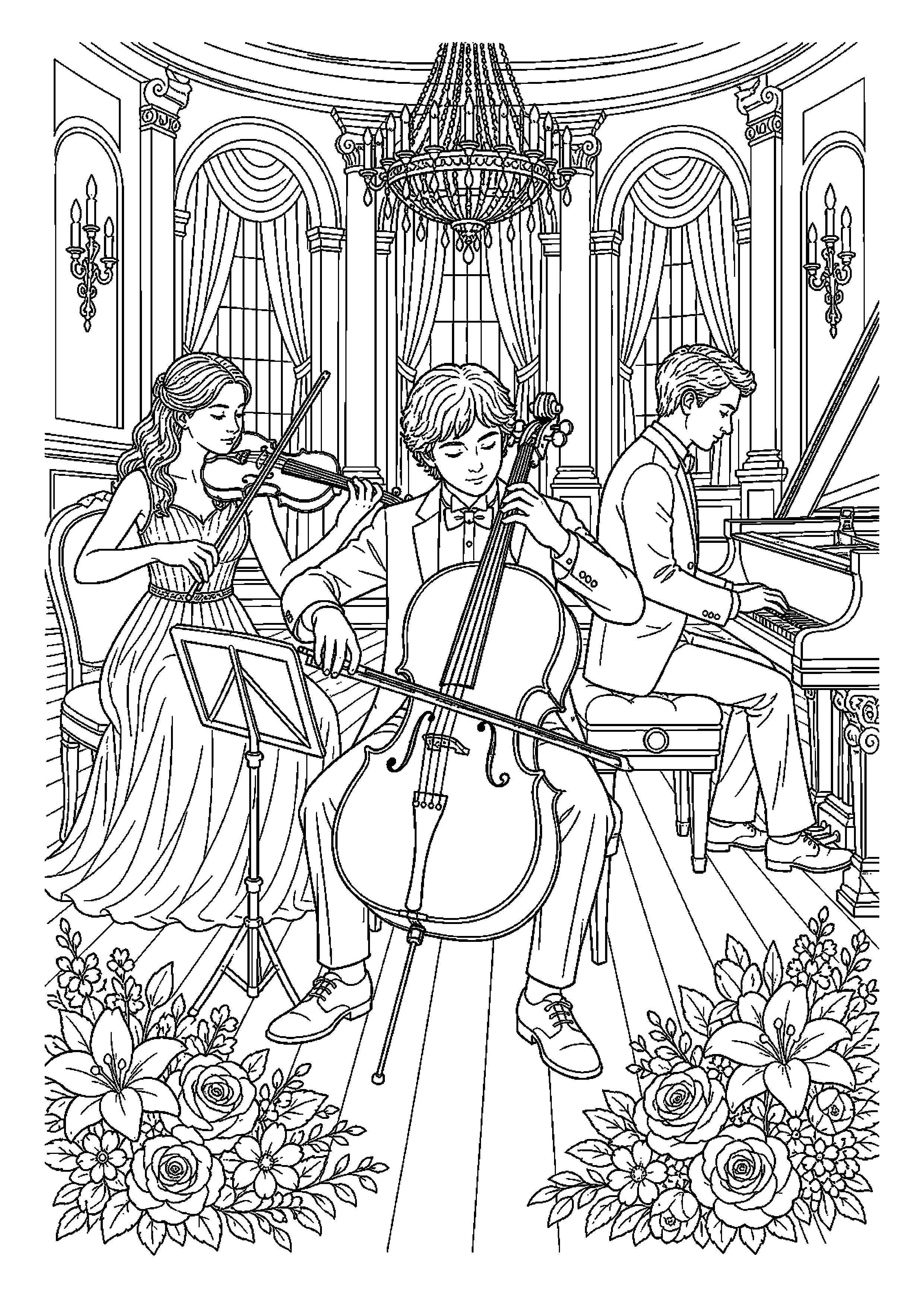 Wiolonczelistka występuje w trio w sali koncertowej