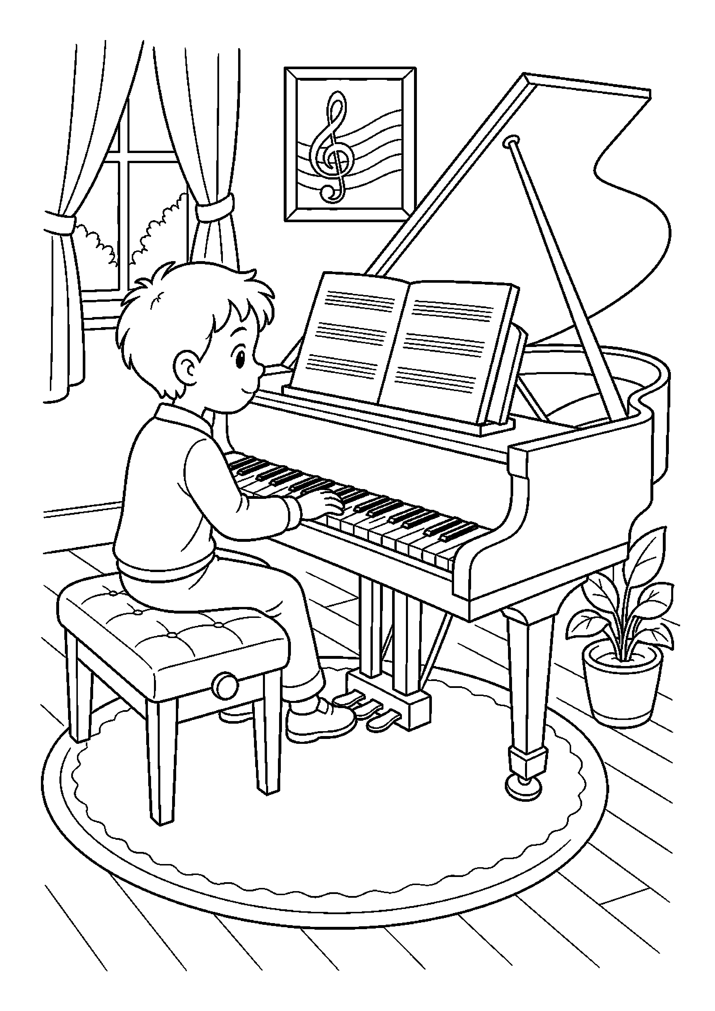 Pianistka czyta nuty z pulpitu w sali muzycznej