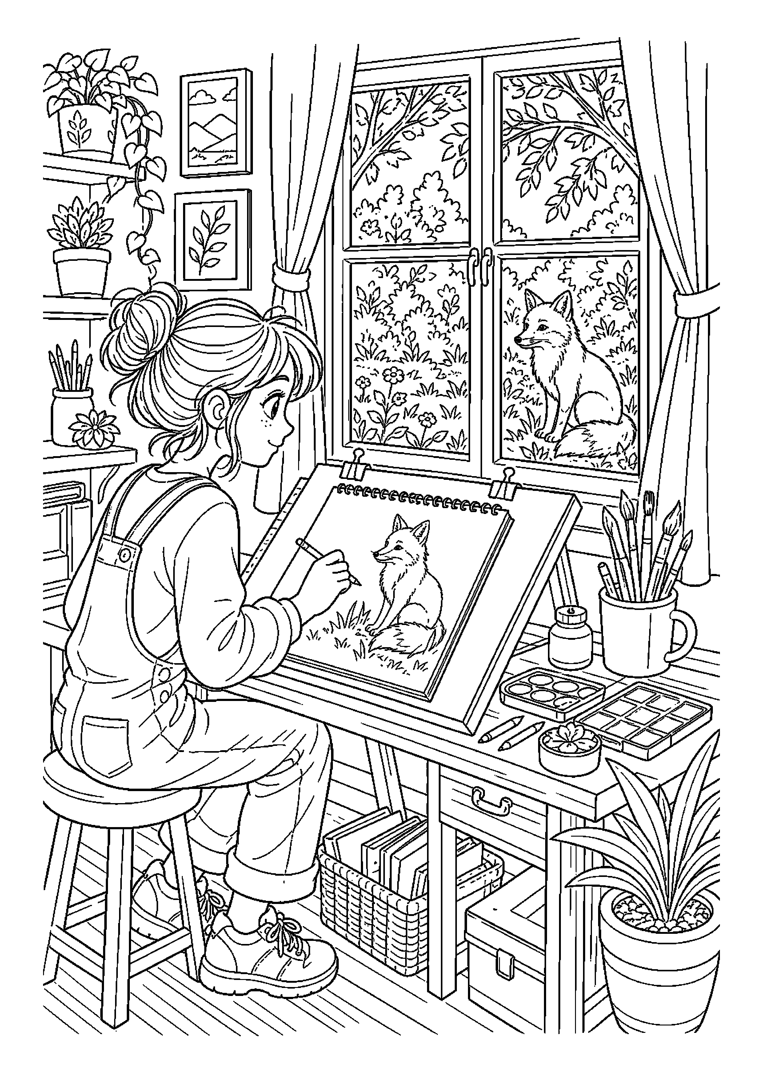 Ilustratorka szkicuje zwierzę przy oknie